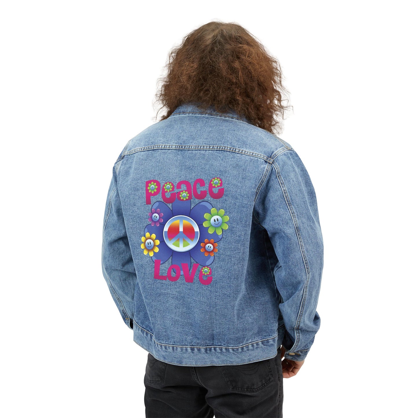 Veste en jean pour homme avec motif Peace Love – Style rétro floral 