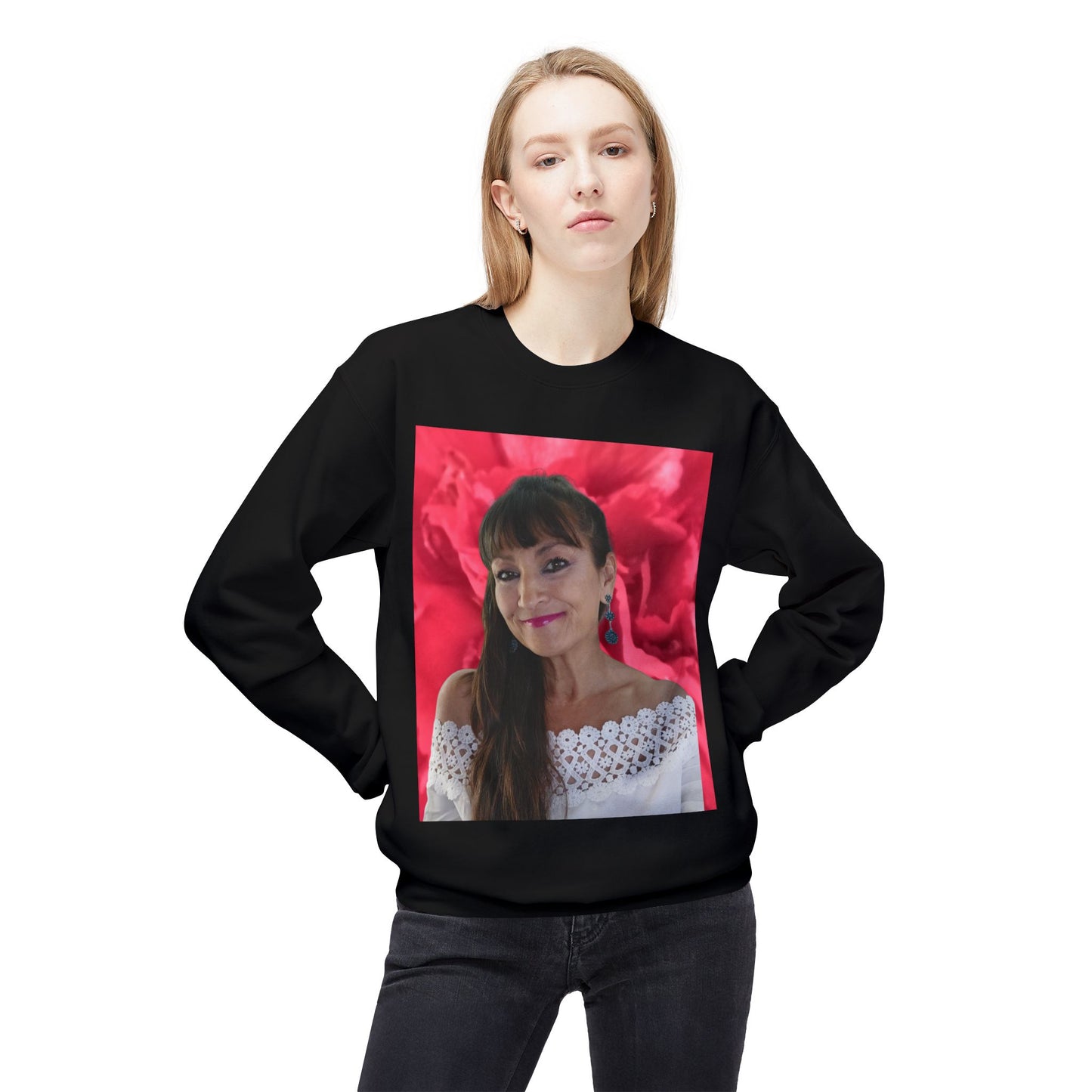 Mary Jordan with Pink Flower Heart Roses Sweatshirt | Unisex Fleece Crewneck | Perfect Gift for Birthdays, Holidays, Couples, Family, Friends