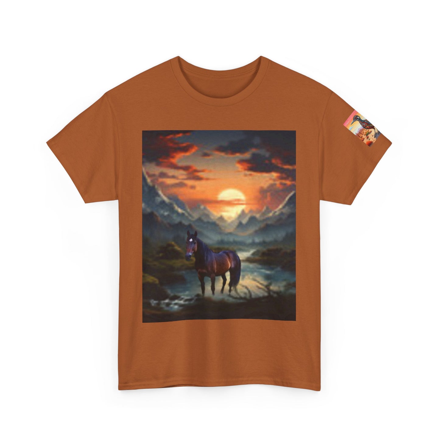 Majestic Horse Unisex Heavy Cotton Tee - Nature Sunset Design