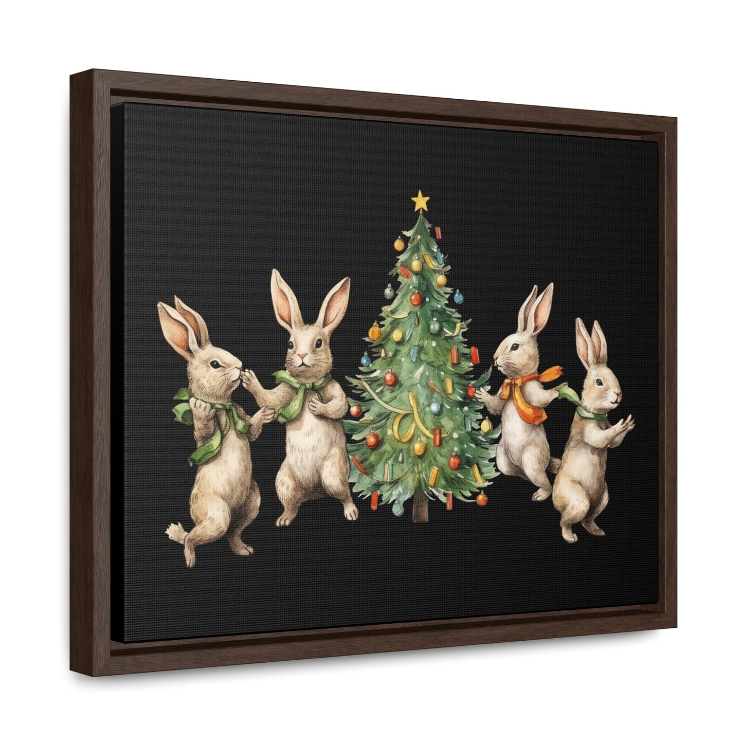 Marco de lona negro horizontal Árbol de Navidad con cuatro conejos