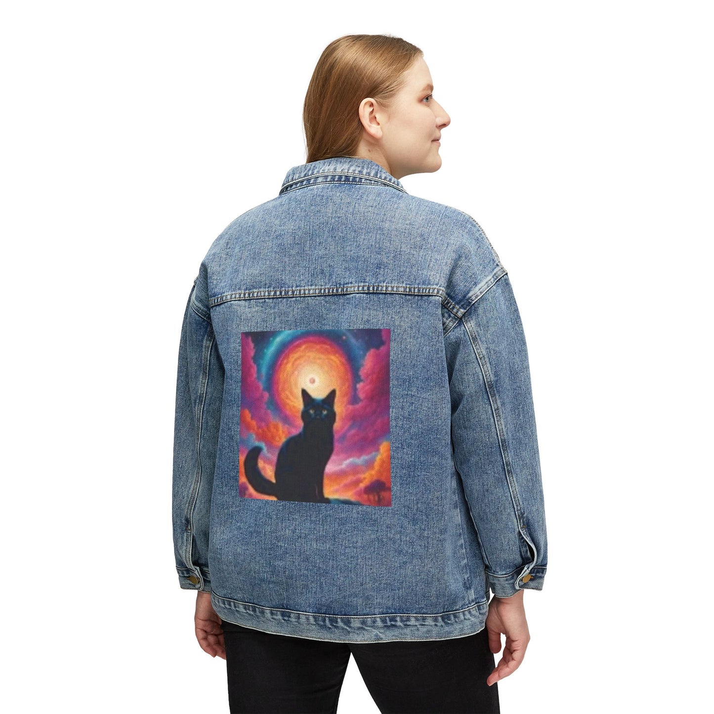 Bohemian Cat Graphic Women's Denim Jacket - Trendy Casual Wear