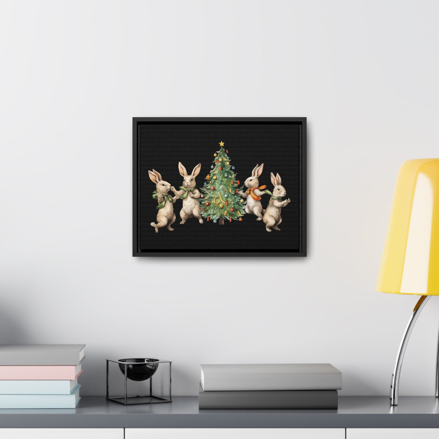 Marco de lona negro horizontal Árbol de Navidad con cuatro conejos