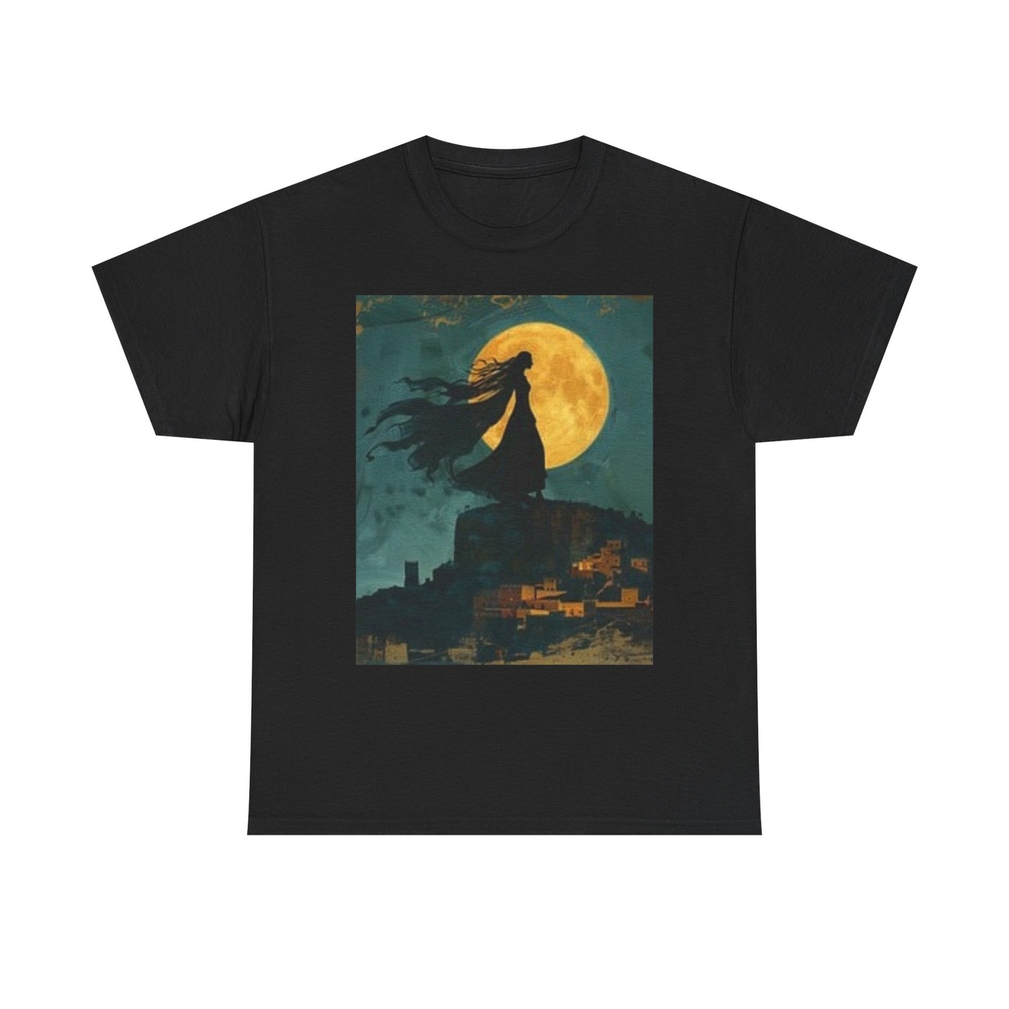 Camiseta unisex de algodón grueso con diseño de Luna Mística y Pájaro - Diseño Noche Encantada 