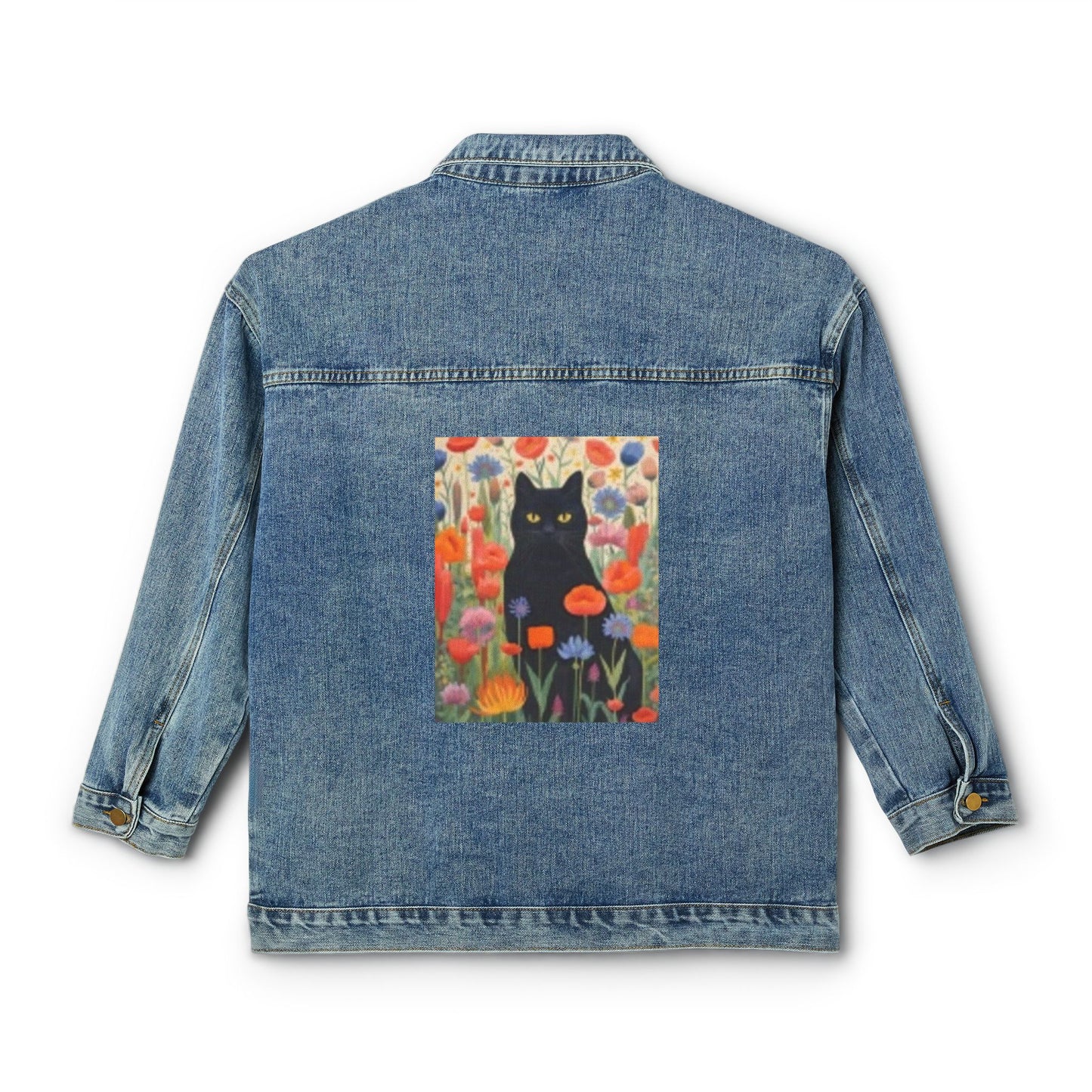 Veste en jean pour femme avec motif floral et chat - Vêtements d'extérieur tendance et décontractés 