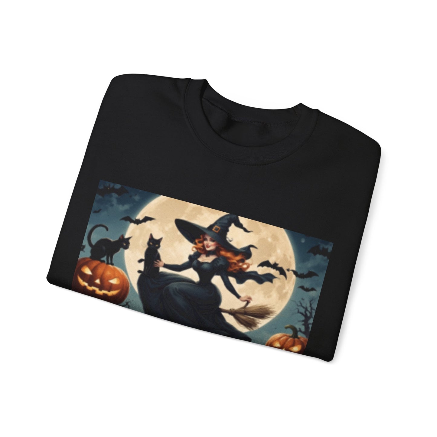 Beautiful Witch on Broom with Black Cats Sweatshirt Having Fun!