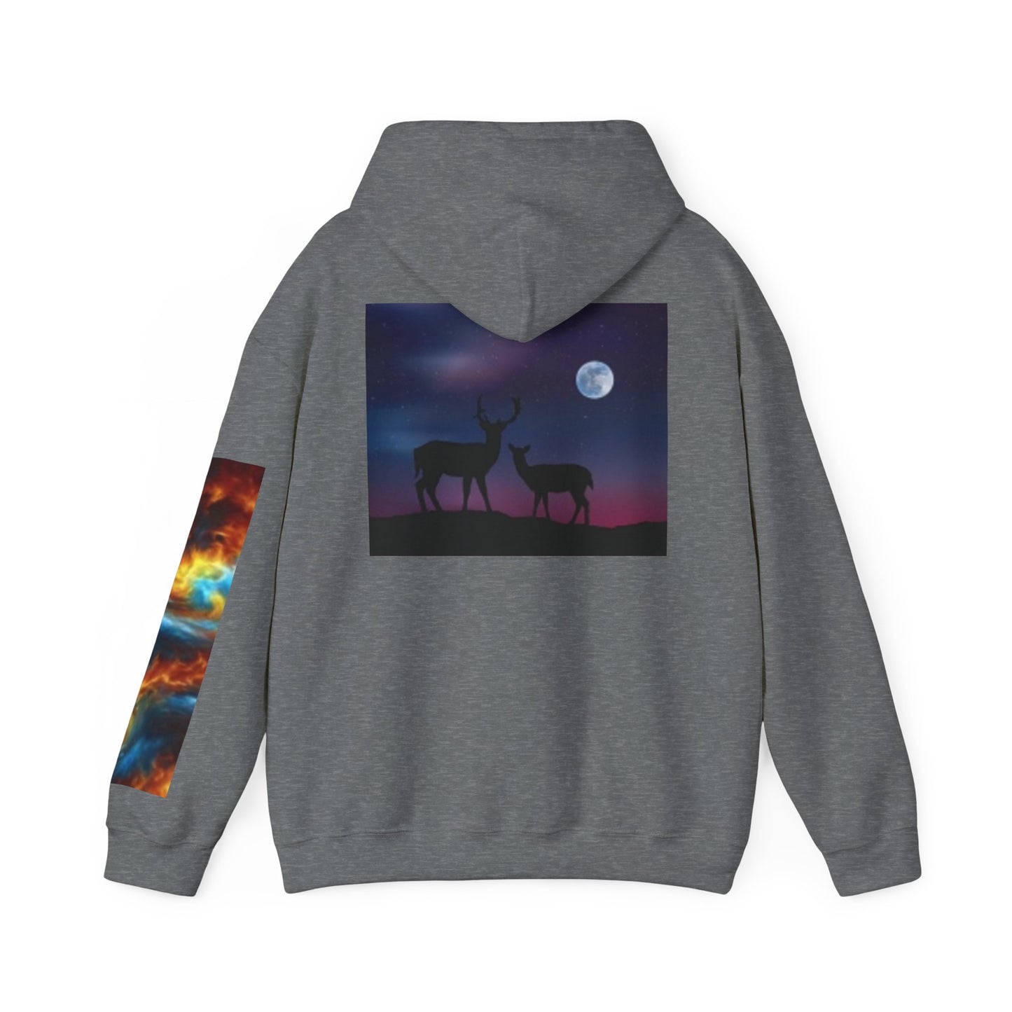 Sudadera con capucha vibrante con temática natural: patrones cósmicos y siluetas de vida silvestre 