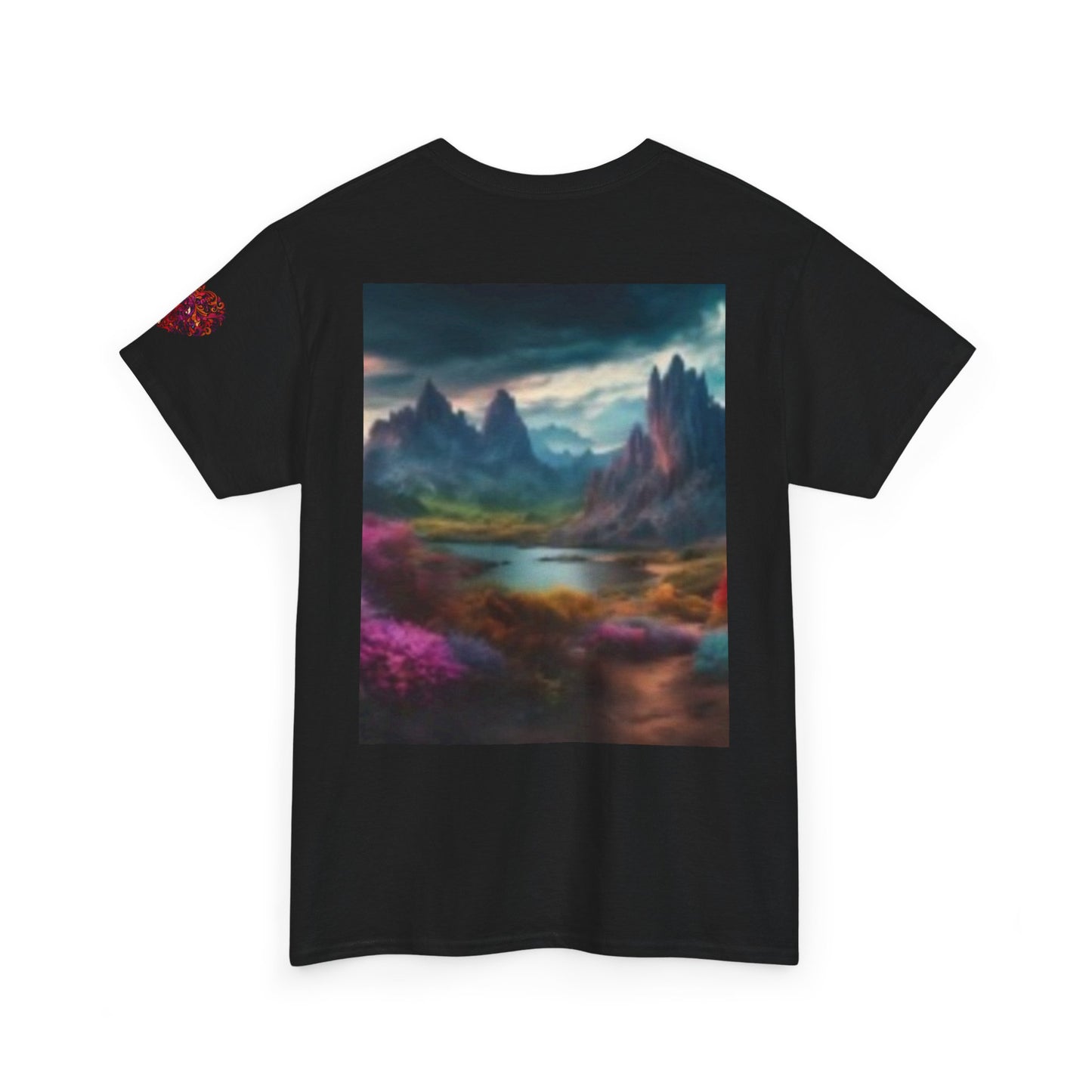 Camiseta unisex de algodón grueso Artistic Wilderness: diseño vibrante de aves y paisaje escénico 