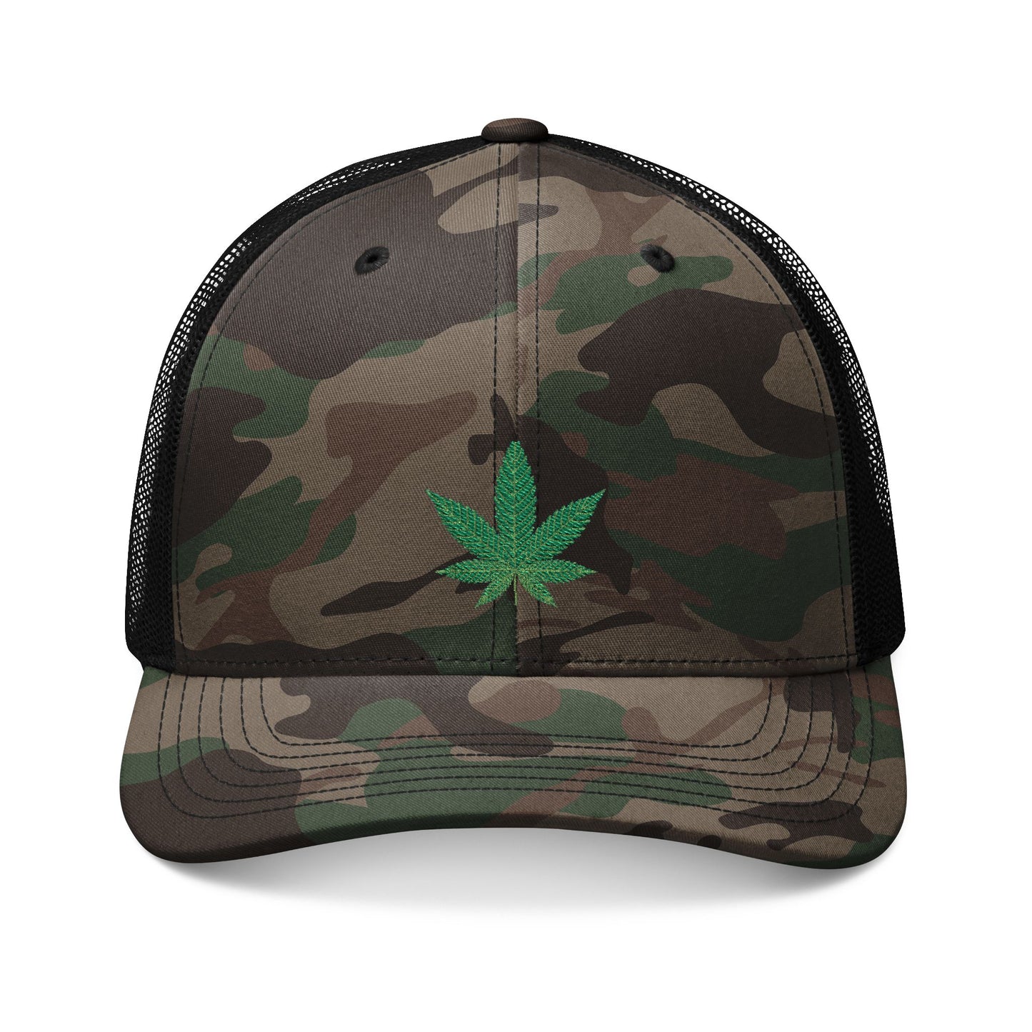 Green Cannabis Leaf Camouflage Trucker Hat - Stylish Embroidered Cap for Outdoor Enthusiasts