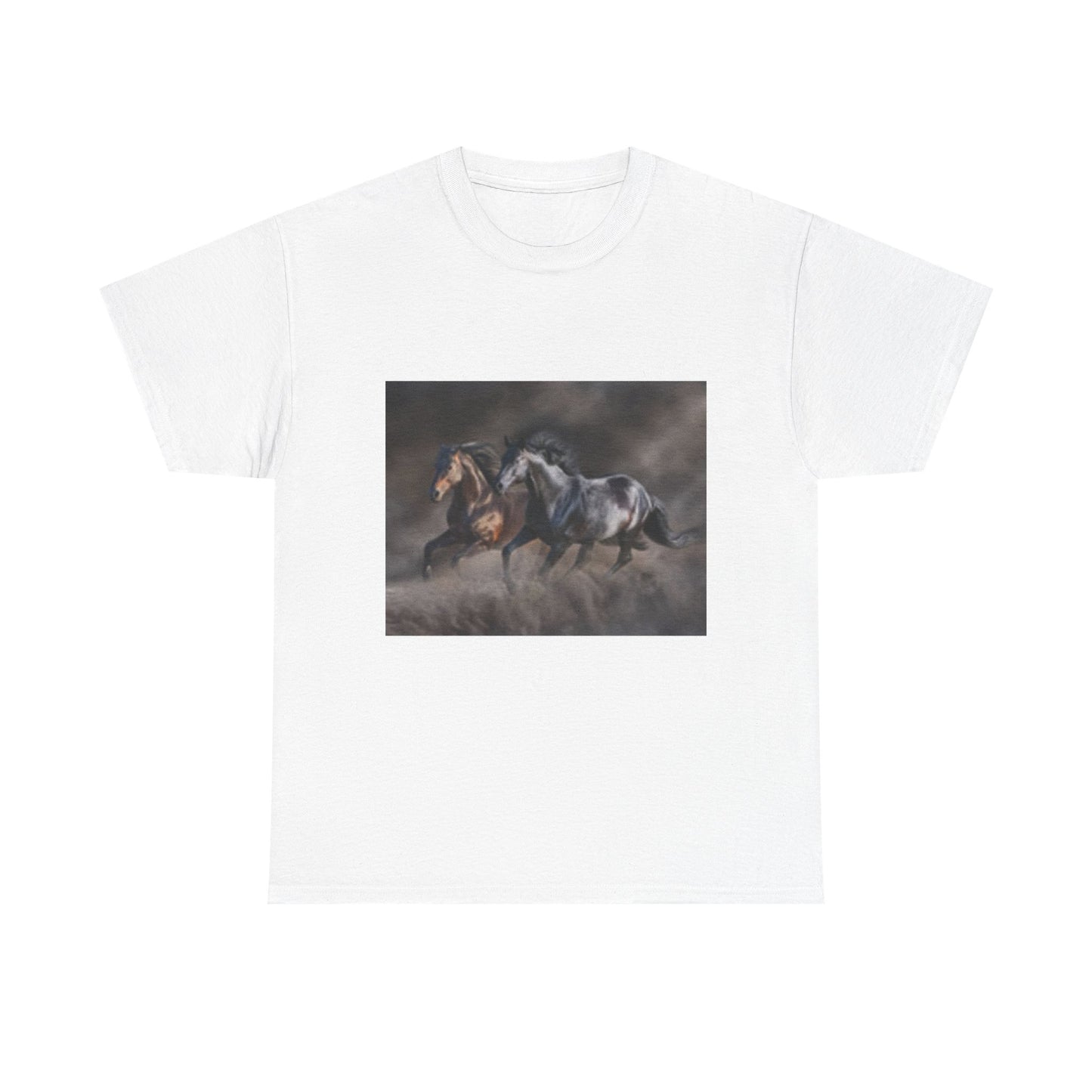 T-shirt unisexe en coton épais avec chevaux majestueux au galop – Parfait pour les amateurs d'équitation 