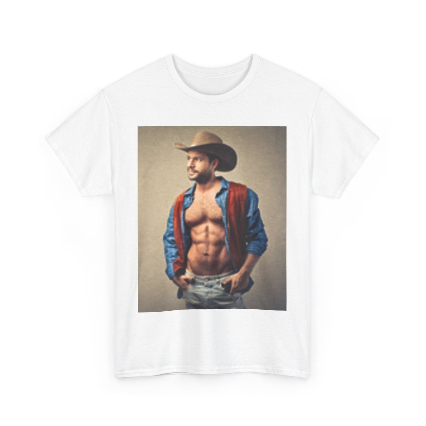 Camiseta unisex de algodón grueso con diseño de vaquero guapo y pecho musculoso 