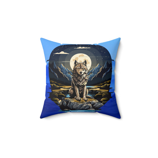 Cojín cuadrado de poliéster hilado acogedor con paisaje de luna y lobo para amantes de la naturaleza. 