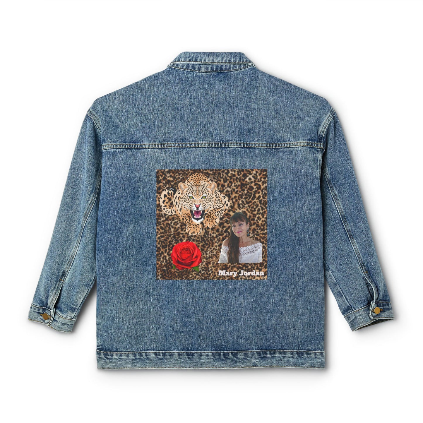 Stylish Women's Denim Jacket with Leopard Print and Rose Design