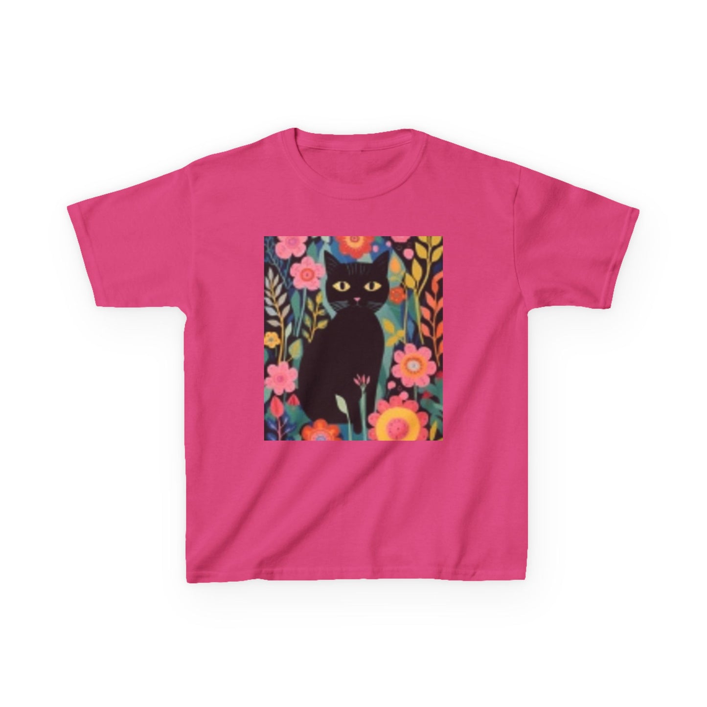 Black Cat Floral Kids Heavy Cotton Tee - Fun & Colorful Design