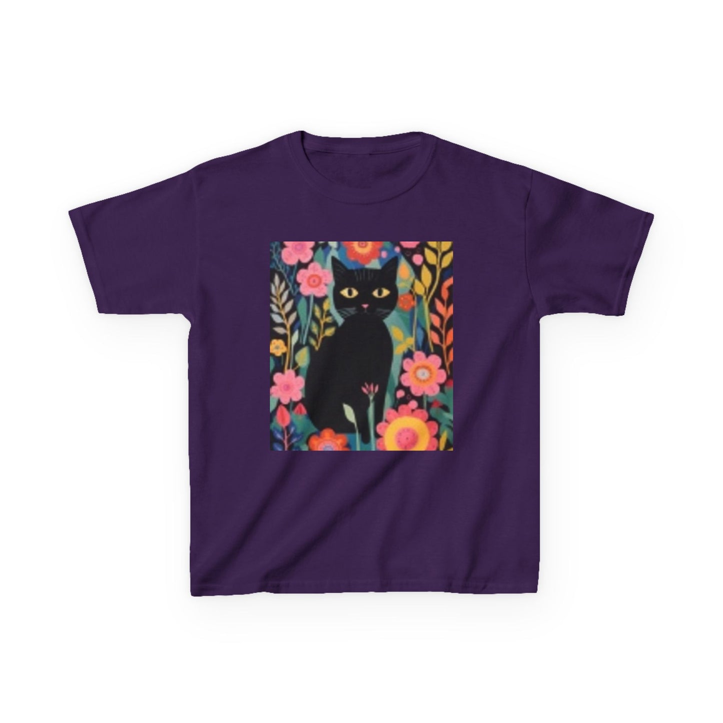 Black Cat Floral Kids Heavy Cotton Tee - Fun & Colorful Design