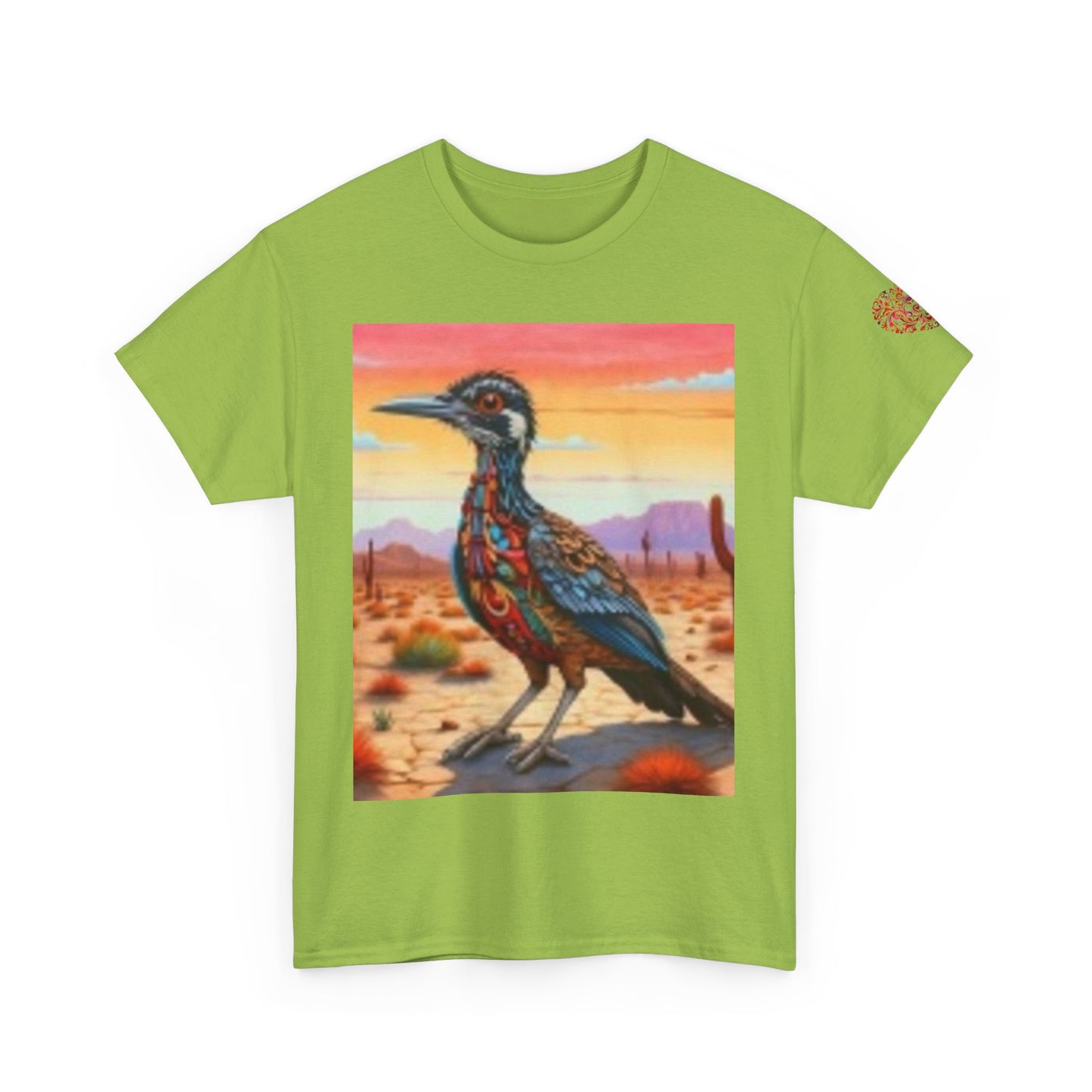 Camiseta unisex de algodón grueso Artistic Wilderness: diseño vibrante de aves y paisaje escénico 