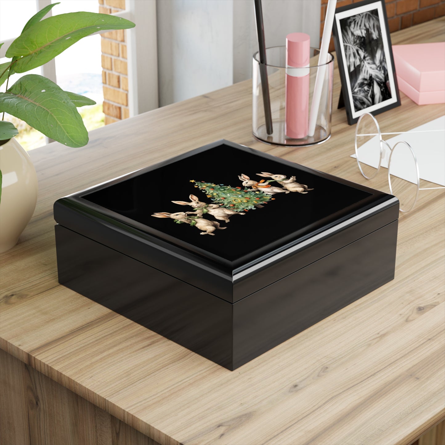Jewelry Box Black Four Rabbits Christmas Tree