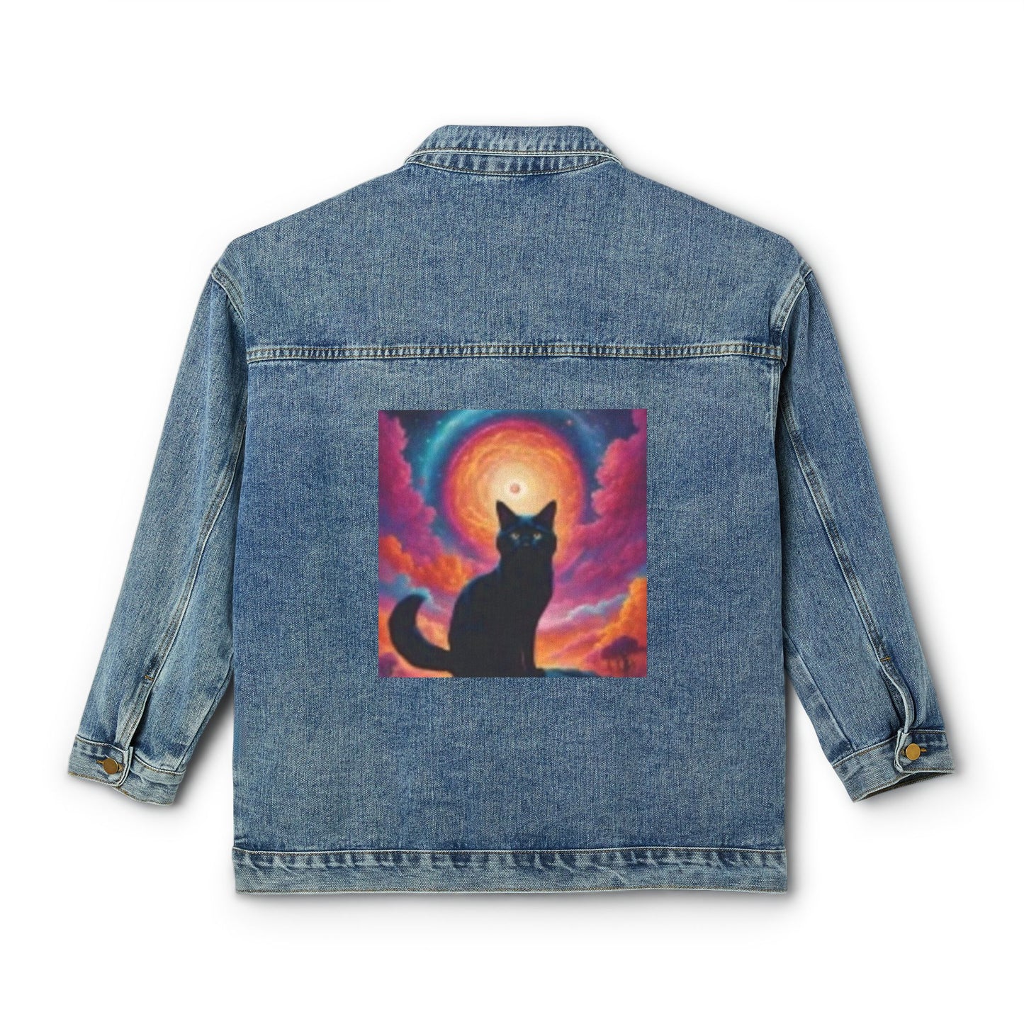 Bohemian Cat Graphic Women's Denim Jacket - Trendy Casual Wear