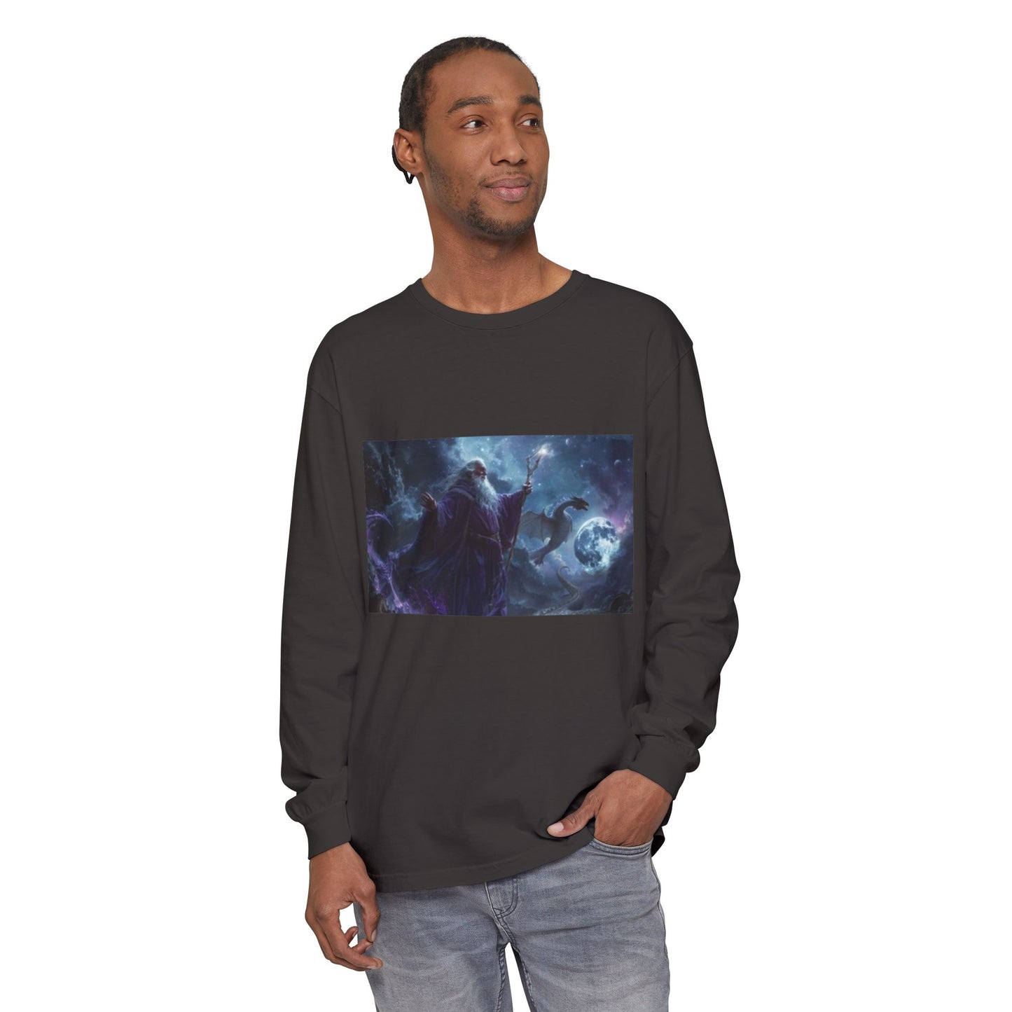 T-shirt mystique à manches longues | Motif magicien céleste et phénix 