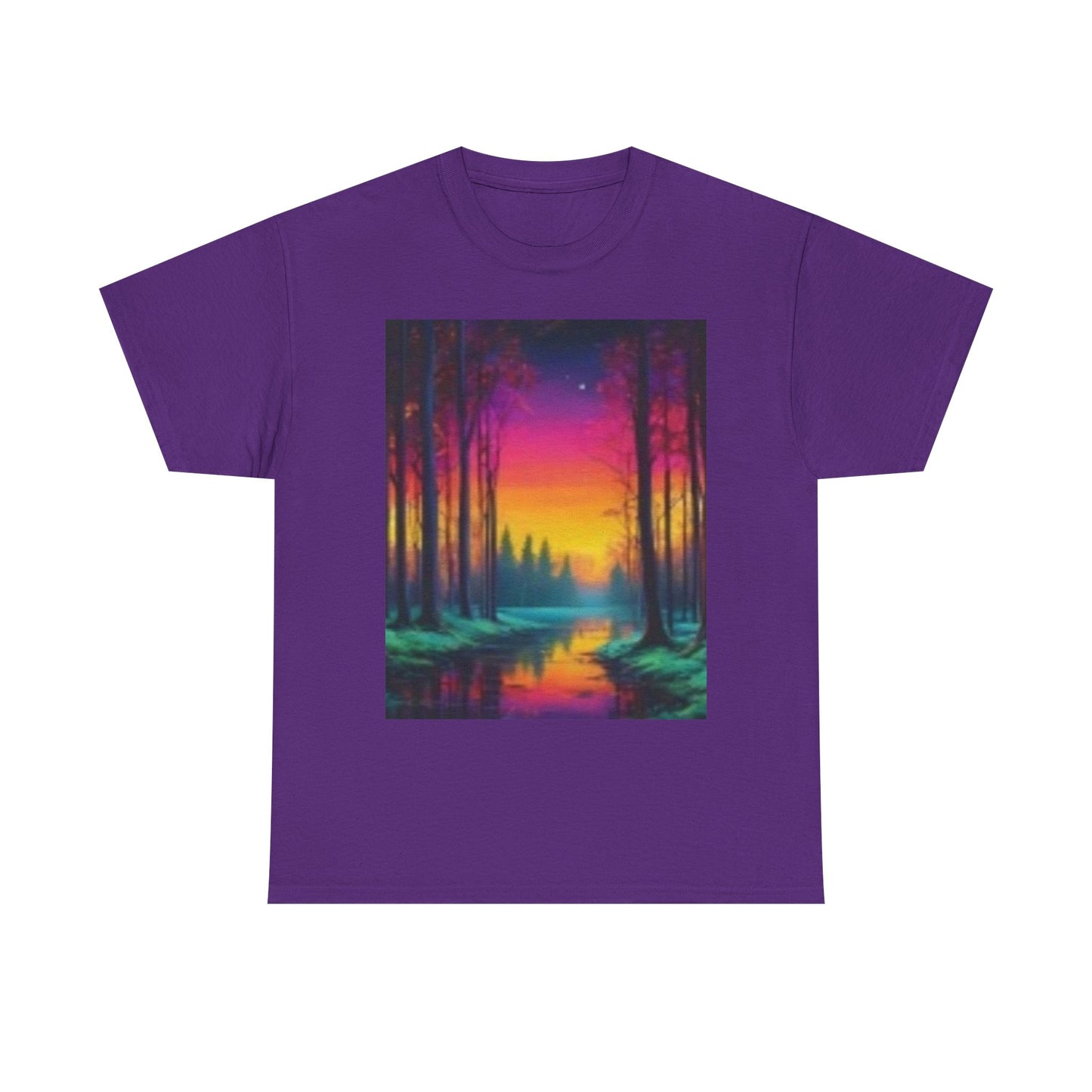 Camiseta unisex de algodón grueso con paisaje de atardecer vibrante 