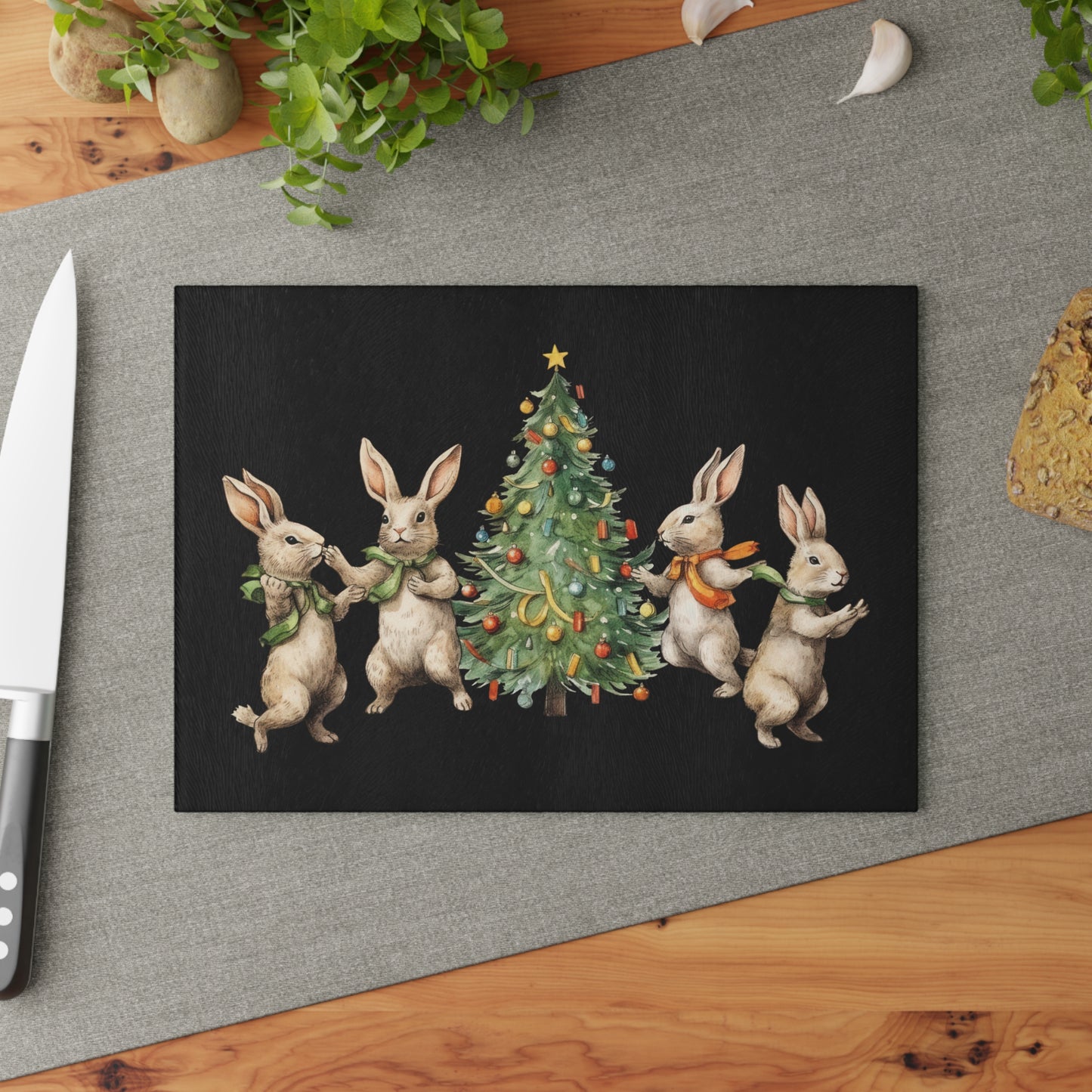 Tabla de cortar de vidrio Árbol de Navidad con cuatro conejos