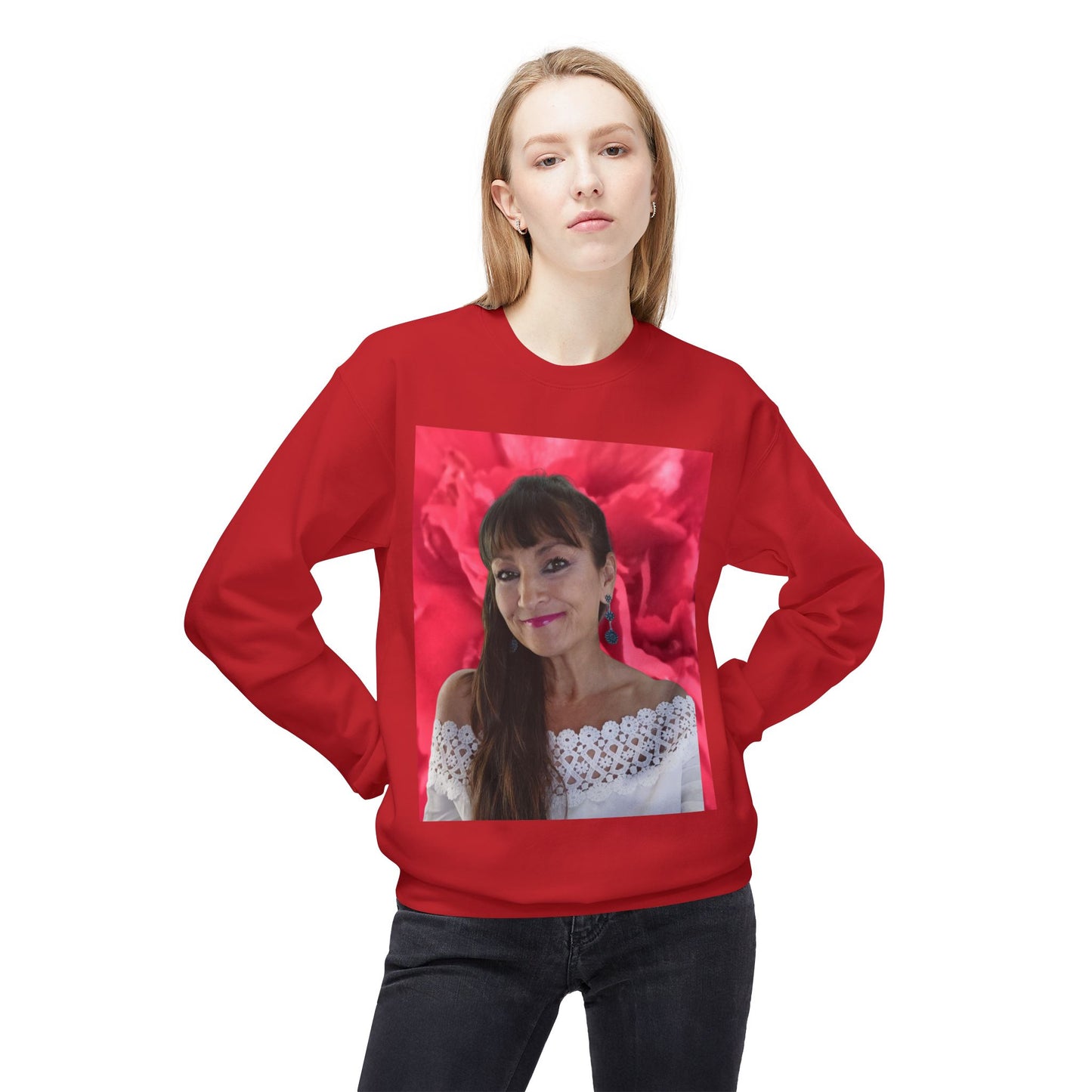 Mary Jordan with Pink Flower Heart Roses Sweatshirt | Unisex Fleece Crewneck | Perfect Gift for Birthdays, Holidays, Couples, Family, Friends