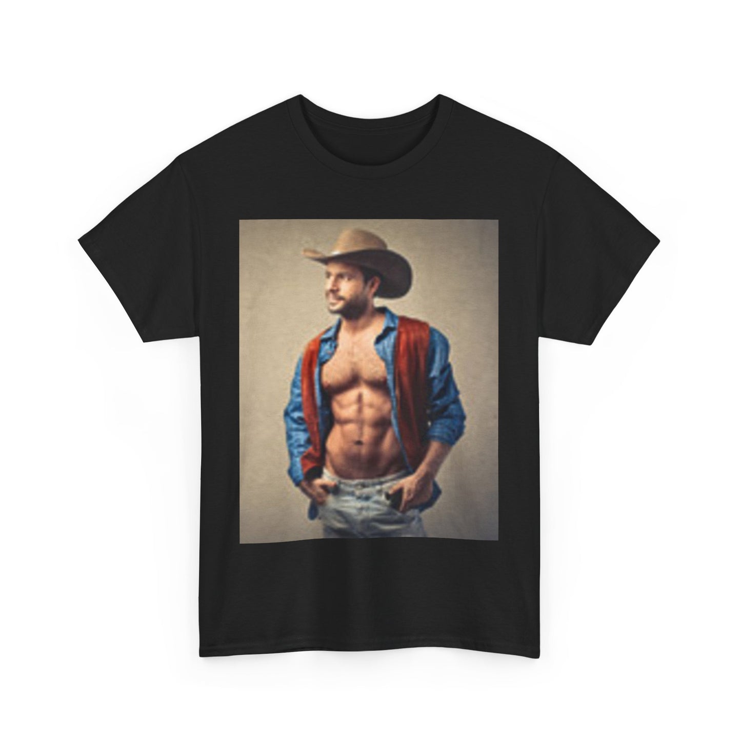 Camiseta unisex de algodón grueso con diseño de vaquero guapo y pecho musculoso 