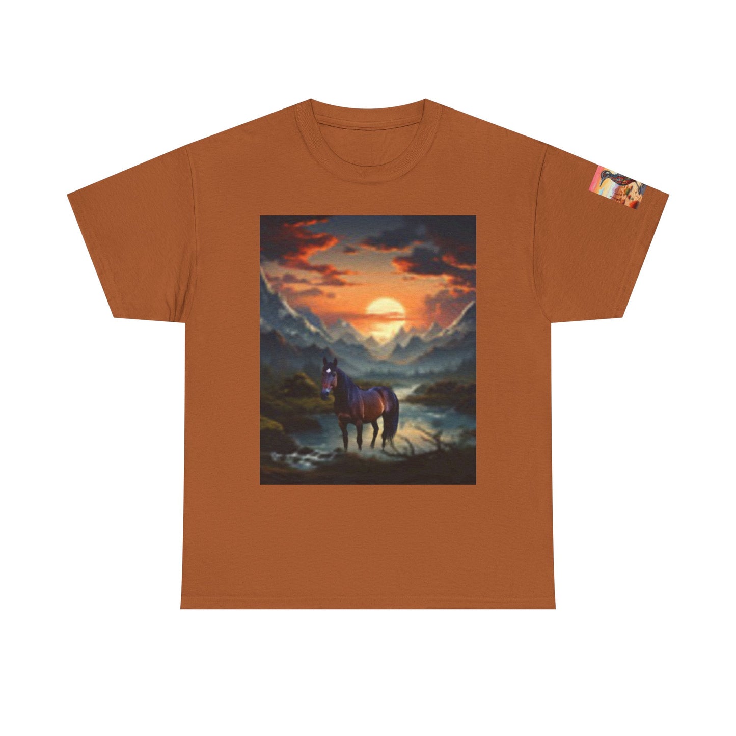 Majestic Horse Unisex Heavy Cotton Tee - Nature Sunset Design