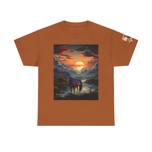 Majestic Horse Unisex Heavy Cotton Tee - Nature Sunset Design