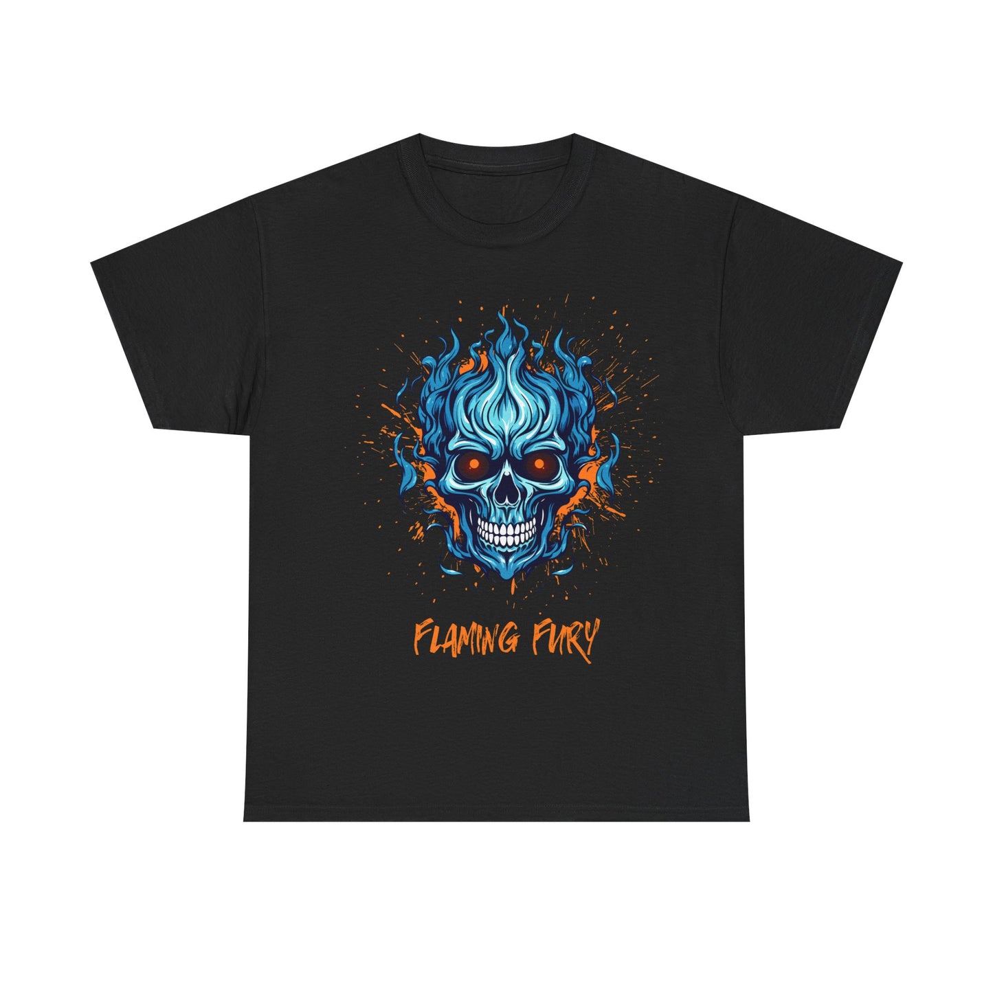 Flaming Fury Skull Tee - Unisex Heavy Cotton T-Shirt, Halloween Gift, Rocking Band Merch, Graphic Tee, Casual Wear, Unique Statement Top