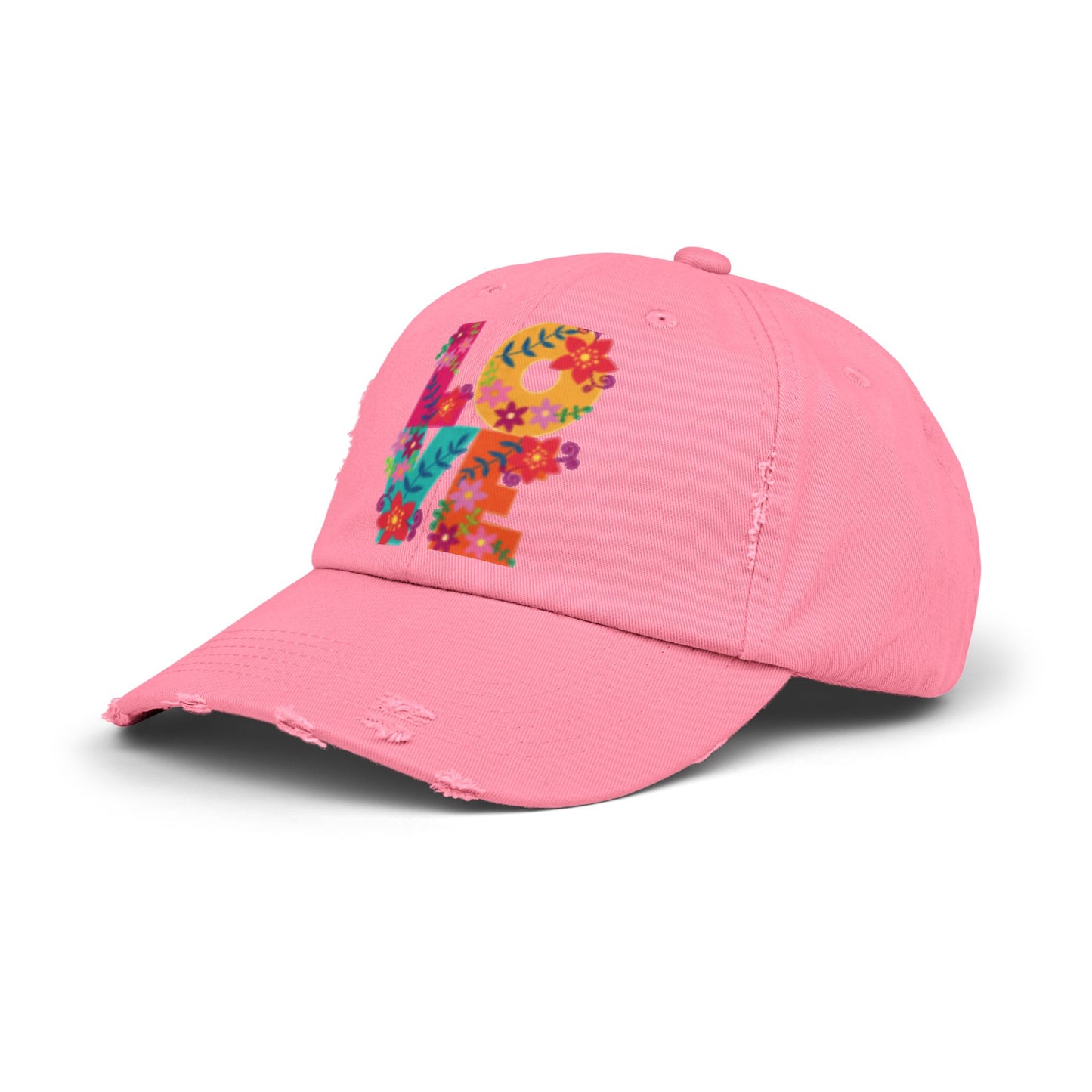 Floral Love Unisex Distressed Cap - Trendy Adjustable Hat for Casual Style