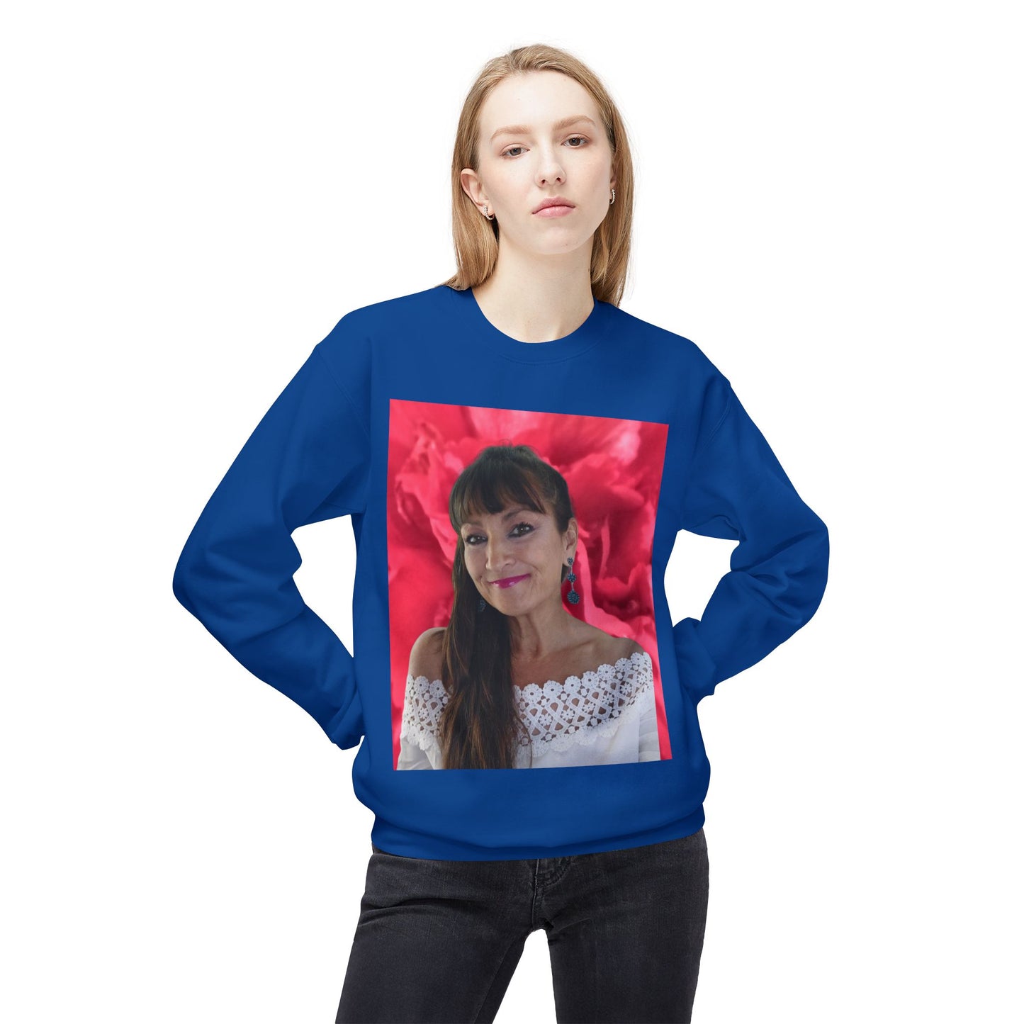 Mary Jordan with Pink Flower Heart Roses Sweatshirt | Unisex Fleece Crewneck | Perfect Gift for Birthdays, Holidays, Couples, Family, Friends