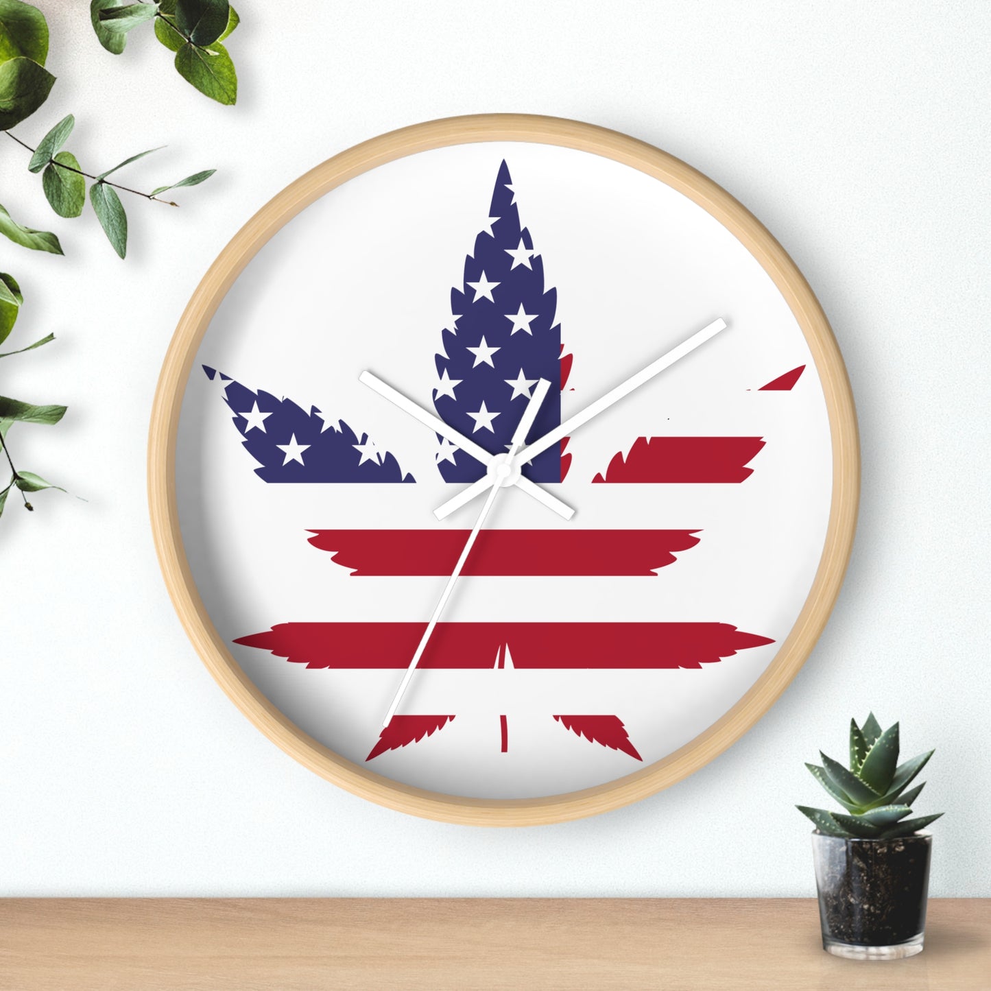 Wall clock Red White Blue Marijuana Leaf