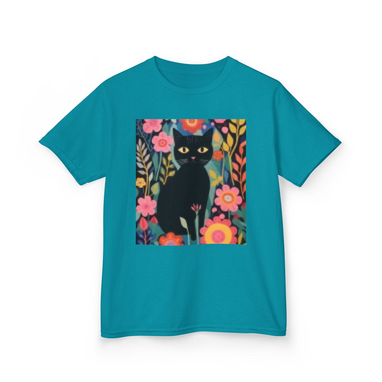 Black Cat Floral Kids Heavy Cotton Tee - Fun & Colorful Design