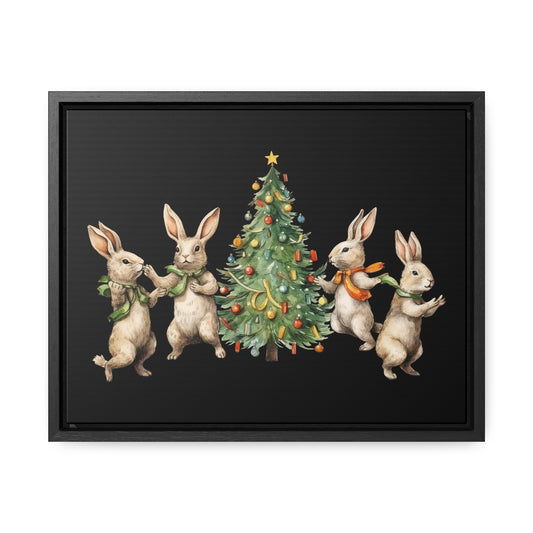 Horizontal Black Canvas Frame Four Rabbits Christmas Tree