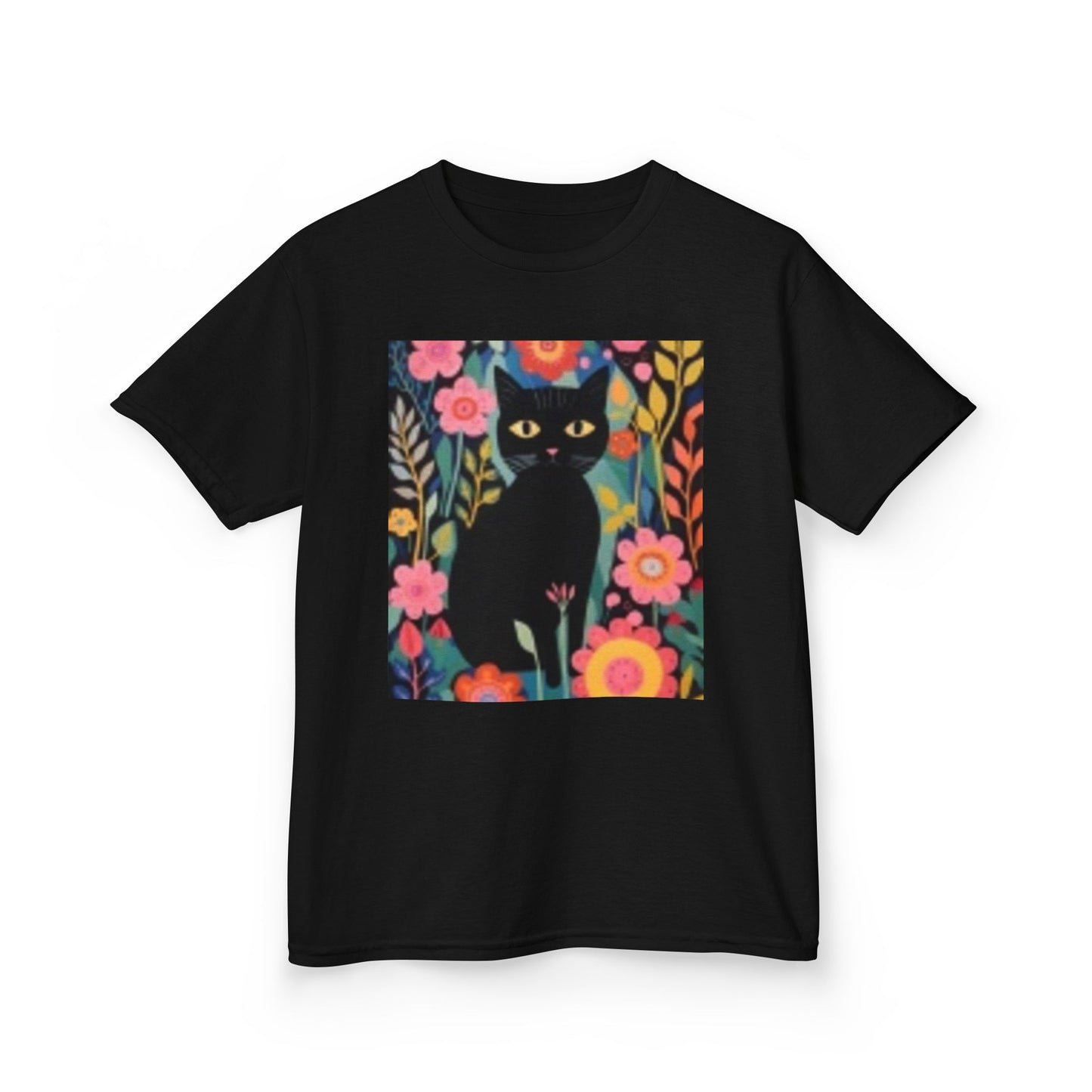Black Cat Floral Kids Heavy Cotton Tee - Fun & Colorful Design