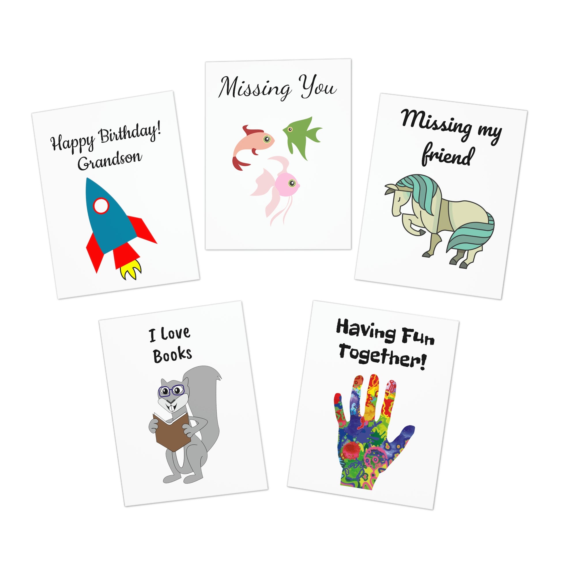 Greeting Cards 5 Pack. Happy Birthday, Missing You, Missing my friend, I Love Books, Having Fun Together. Custom Artwork. Unique Whimsical Flare. Vivid Colors. Greeting Cards is a Special way of letting someone know that you care about them!