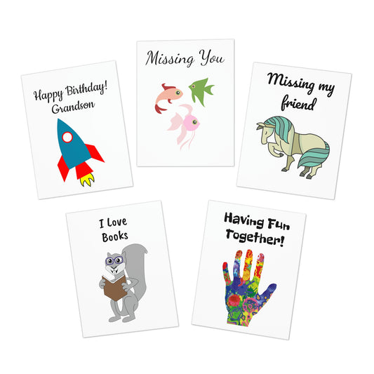 Greeting Cards 5 Pack. Happy Birthday, Missing You, Missing my friend, I Love Books, Having Fun Together. Custom Artwork. Unique Whimsical Flare. Vivid Colors. Greeting Cards is a Special way of letting someone know that you care about them!