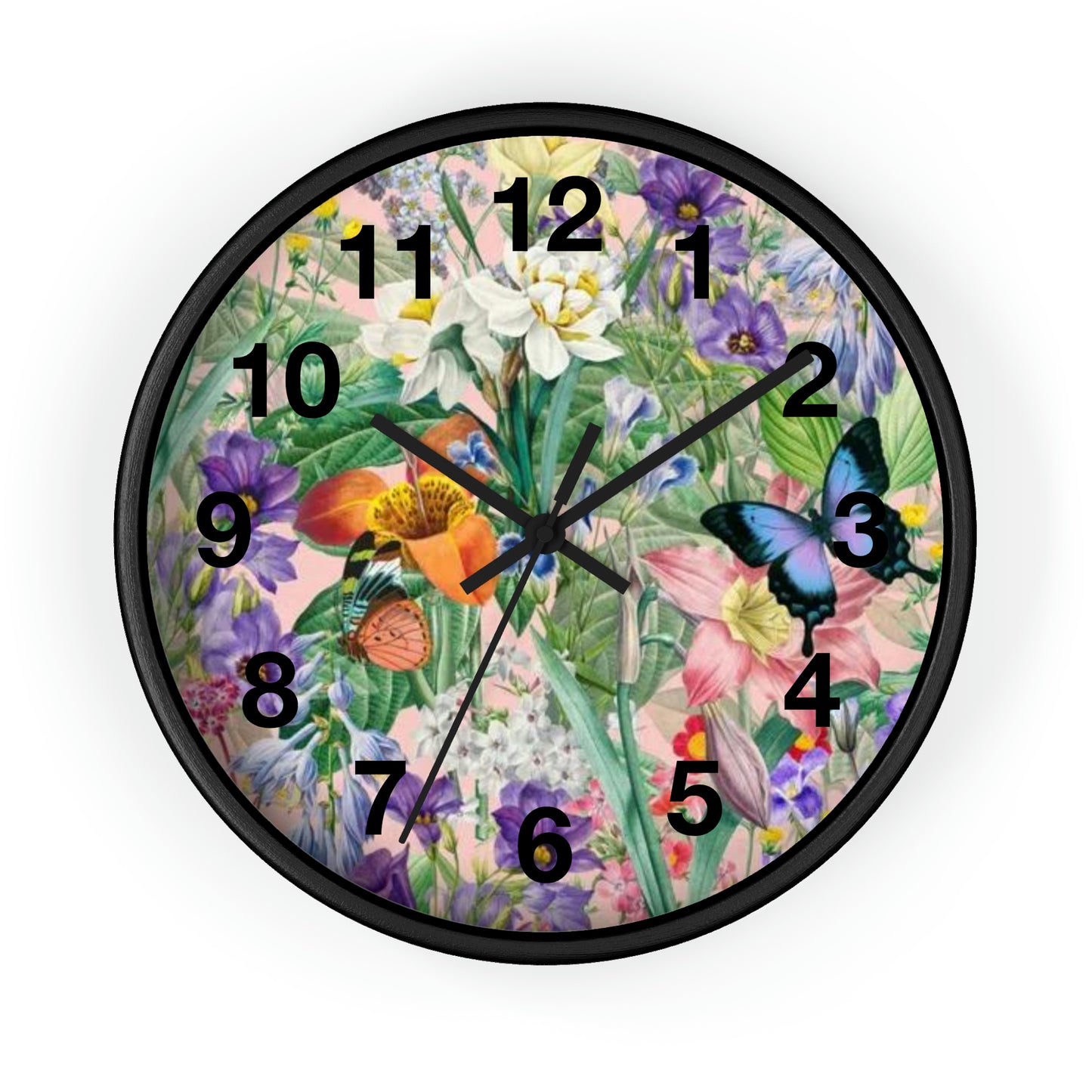 Butterfly Flower Garden. Wall Clock. Custom Artwork. Unique Whimsical Flare. Vivid Colors. Great to have in your home and business. Looking fabulous on your walls. Definitely a splash of color. Now I won't be late for work. Such a Wonderful Gift!