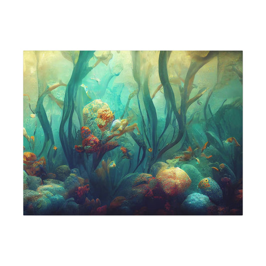 Ocean. Canvas Stretched, 1.5" Four Sizes. Custom Artwork. Unique Whimsical Flare. Vivid Colors. Very Beautiful! Will look wonderful in your Home or Business. Adding a Splash of Color to your walls. Definitely will make you Smile!