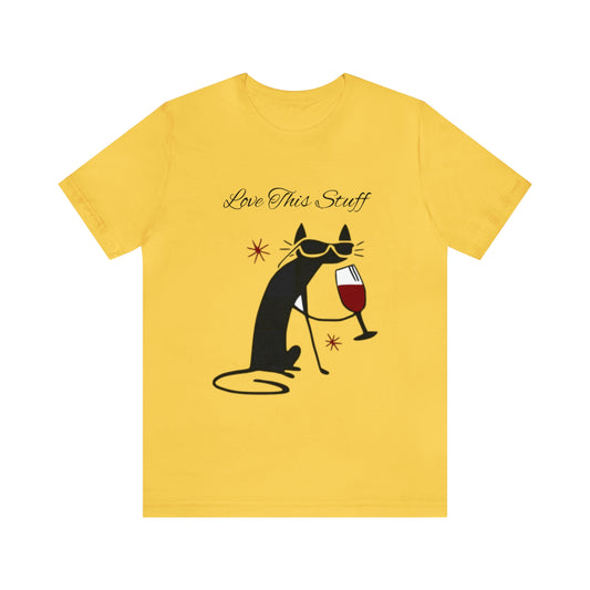T-shirt « J'adore ce truc, chat noir qui boit du vin »