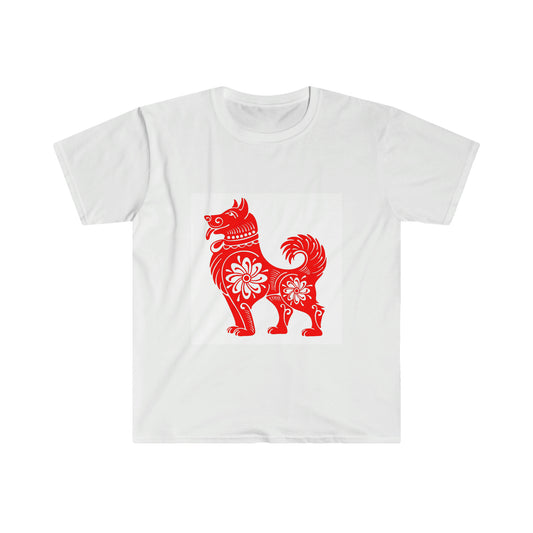 Red Dog with Flowers. T-shirt. Great for Men, Women and Children. Soft against your skin. Comfortable to wear everyday of the week. Looking Fabulous at work and while you are relaxing. Such a Wonderful Gift!