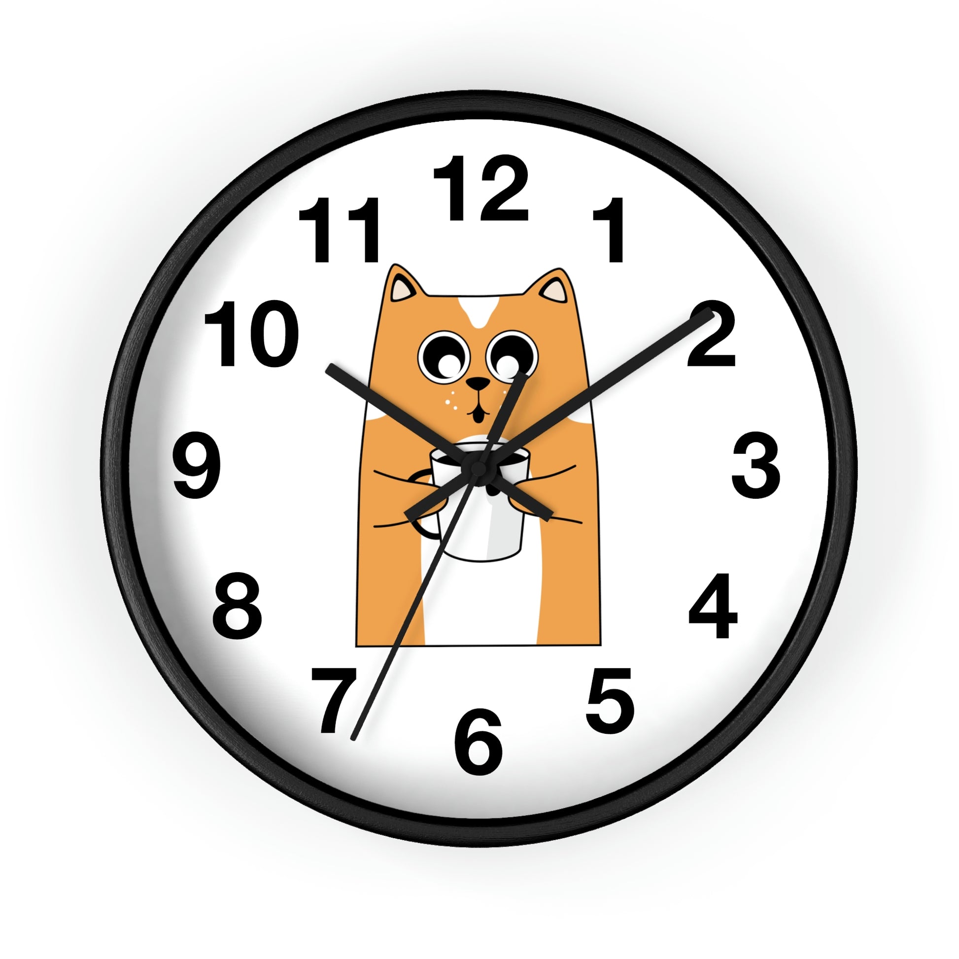 Cat with Hot Coffee. Wall Clock. Custom Artwork. Unique Whimsical Flare. Vivid Colors. Great for every room in your home and business. Such splashy colors. Hope I get this for my Birthday!
