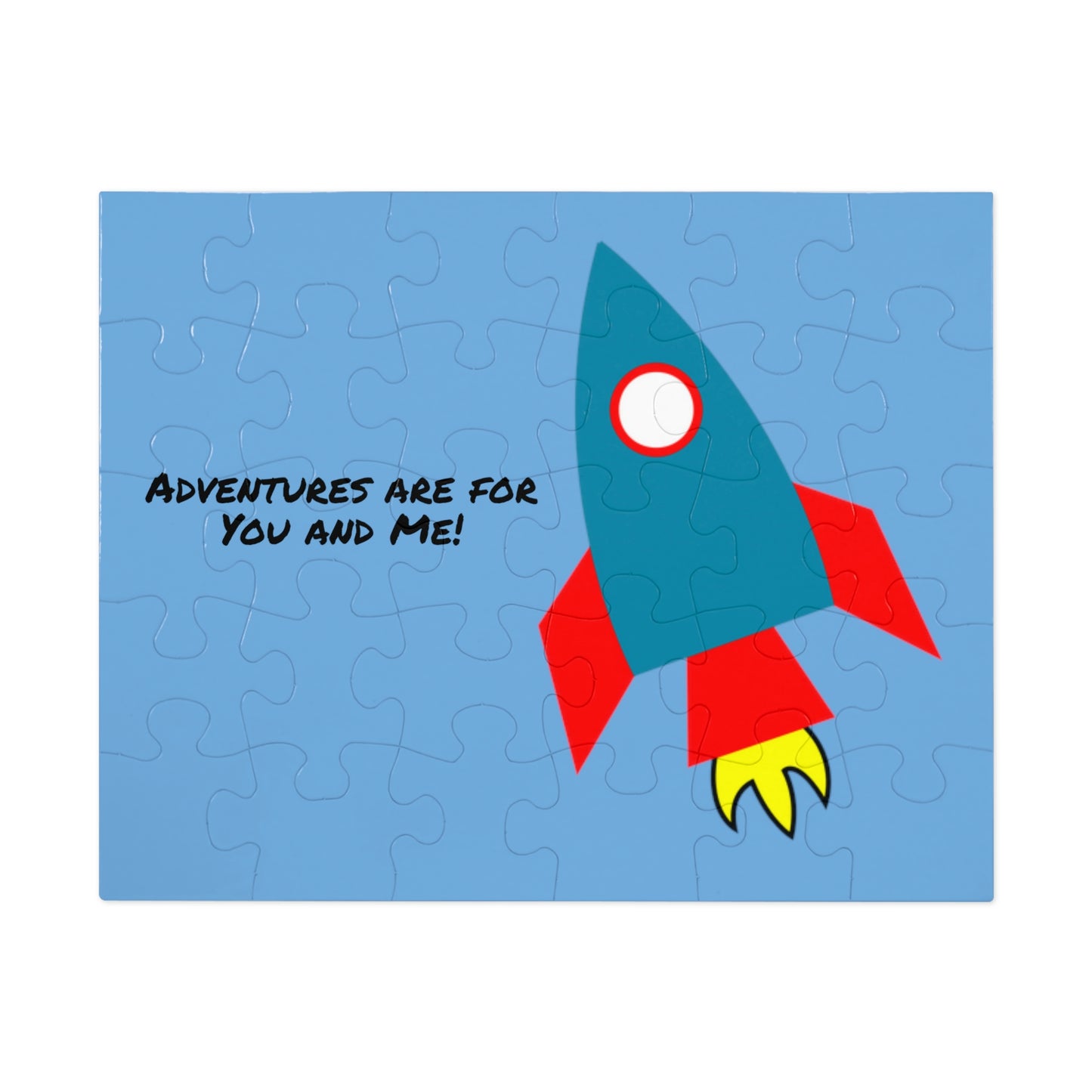 Rocket Adventure are for You and Me!. Jigsaw Puzzle. Custom Artwork. Unique Whimsical Flare. Vivid Colors. Great to Play with Family and Friends. Take along on family vacations, parties and to Grandma's house. Having Fun All day long!