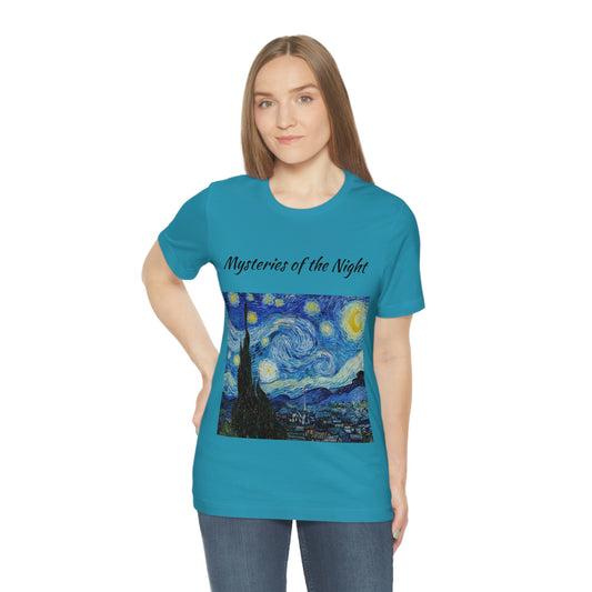 Mysteries of the Night Starry Night. Unisex Jersey Short Sleeve T-shirt. Sizes: Small through 3 Extra Large. Price: $35.00. Custom Artwork. Unique Whimsical Flare. Vivid Colors. Soft against your skin. Comfortable to wear every day of the year. I love the quality and fit. Can't wait to go to my favorite restaurant wearing my Favorite T-shirt from Shookie Mookie!