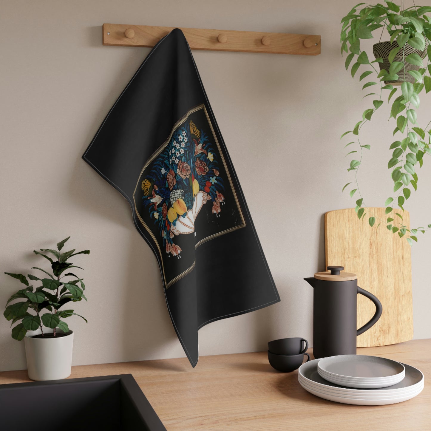 Fruit on a black background Kitchen Towel Love Cooking!