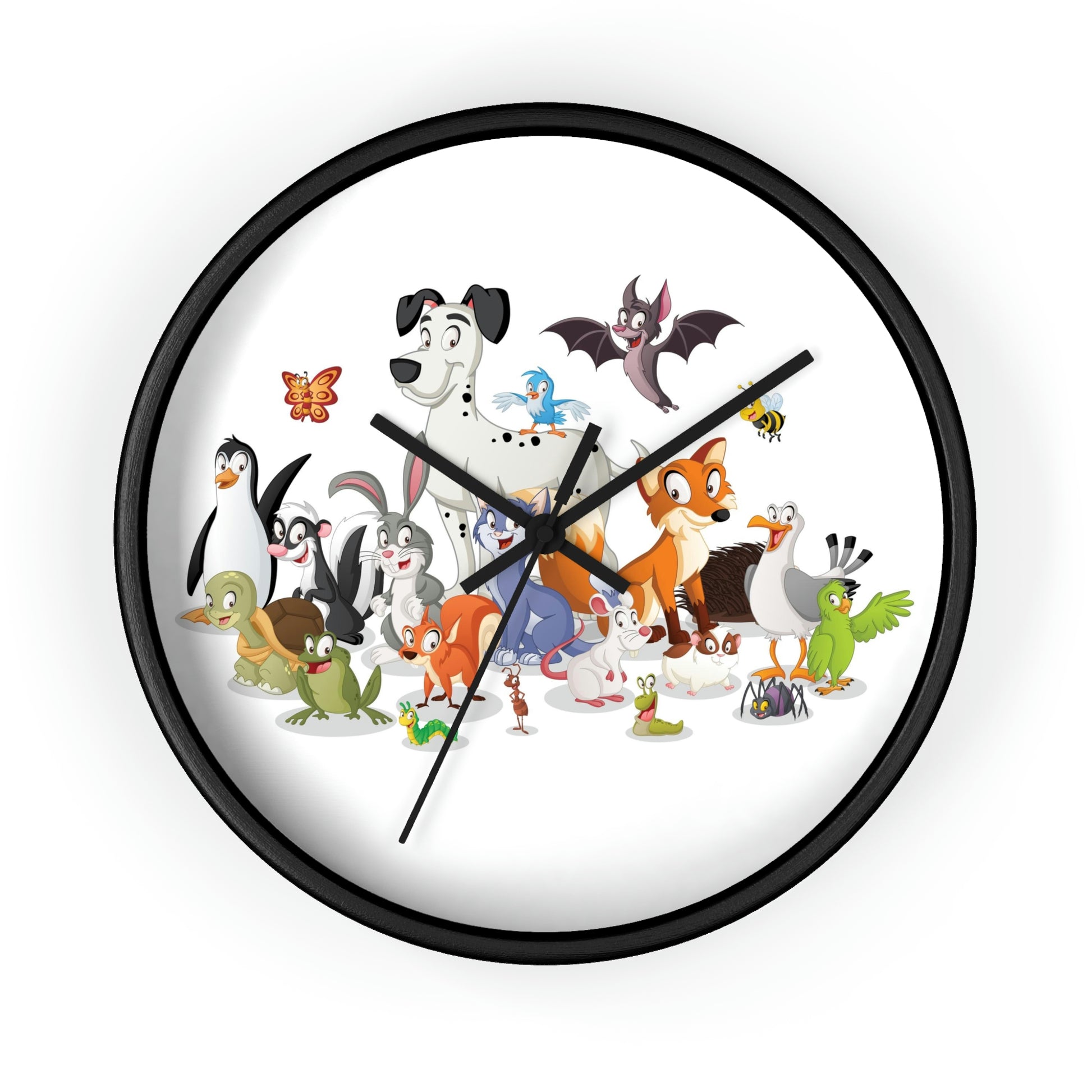 Cartoon Animals. Wall Clock. Custom Artwork. Unique Whimsical Flare. Vivid Colors. Great to have in every room of your home and business, especially a Children's or Nursery. Love the Colors! Such a Fabulous Gift!