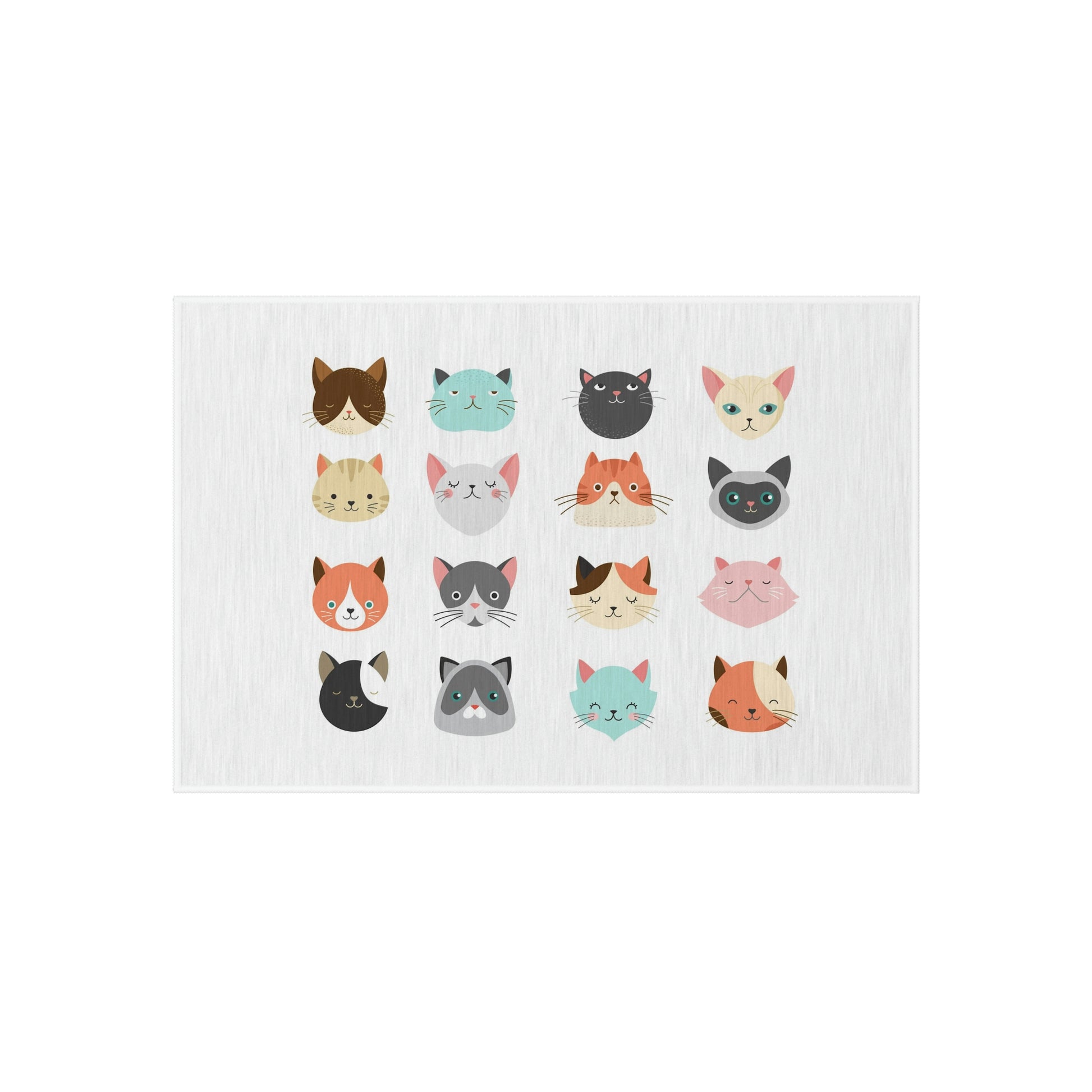 16 Cute Cat Faces. Outdoor Rug. Custom Artwork. Unique Whimsical Flare. Vivid Colors. Great to have on the back porch and front door. Definitely a splash of color. Soft against your bare feet. Children and Pets will love playing on this Rug!