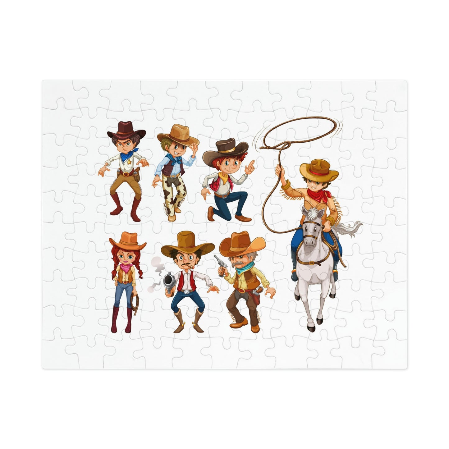 Cowboys Cowgirl. Jigsaw Puzzle. Custom Artwork. Unique Whimsical Flare. Vivid Colors. Great to play with family and friends. Take along on family vacations, sleepovers and grandma's house. having fun all day long!