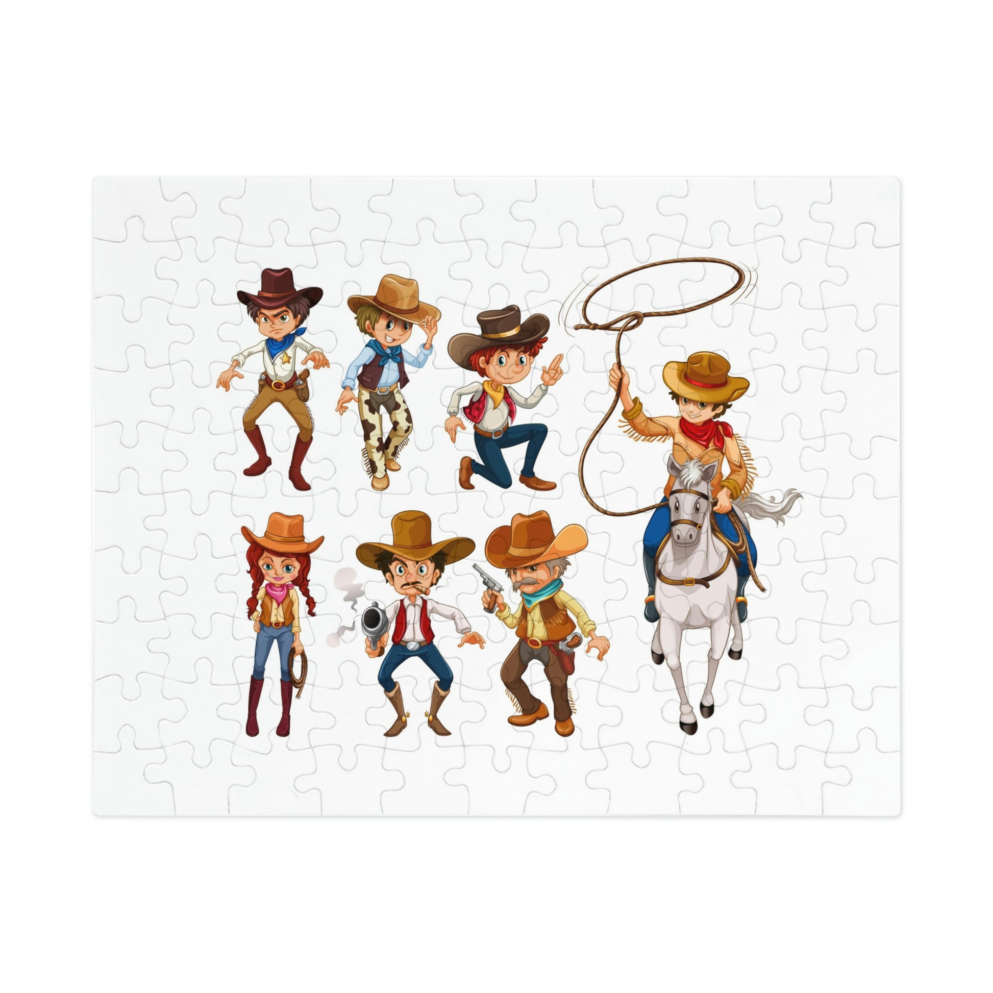 Cowboys Cowgirl. Jigsaw Puzzle. Custom Artwork. Unique Whimsical Flare. Vivid Colors. Great to play with family and friends. Take along on family vacations, sleepovers and grandma's house. having fun all day long!