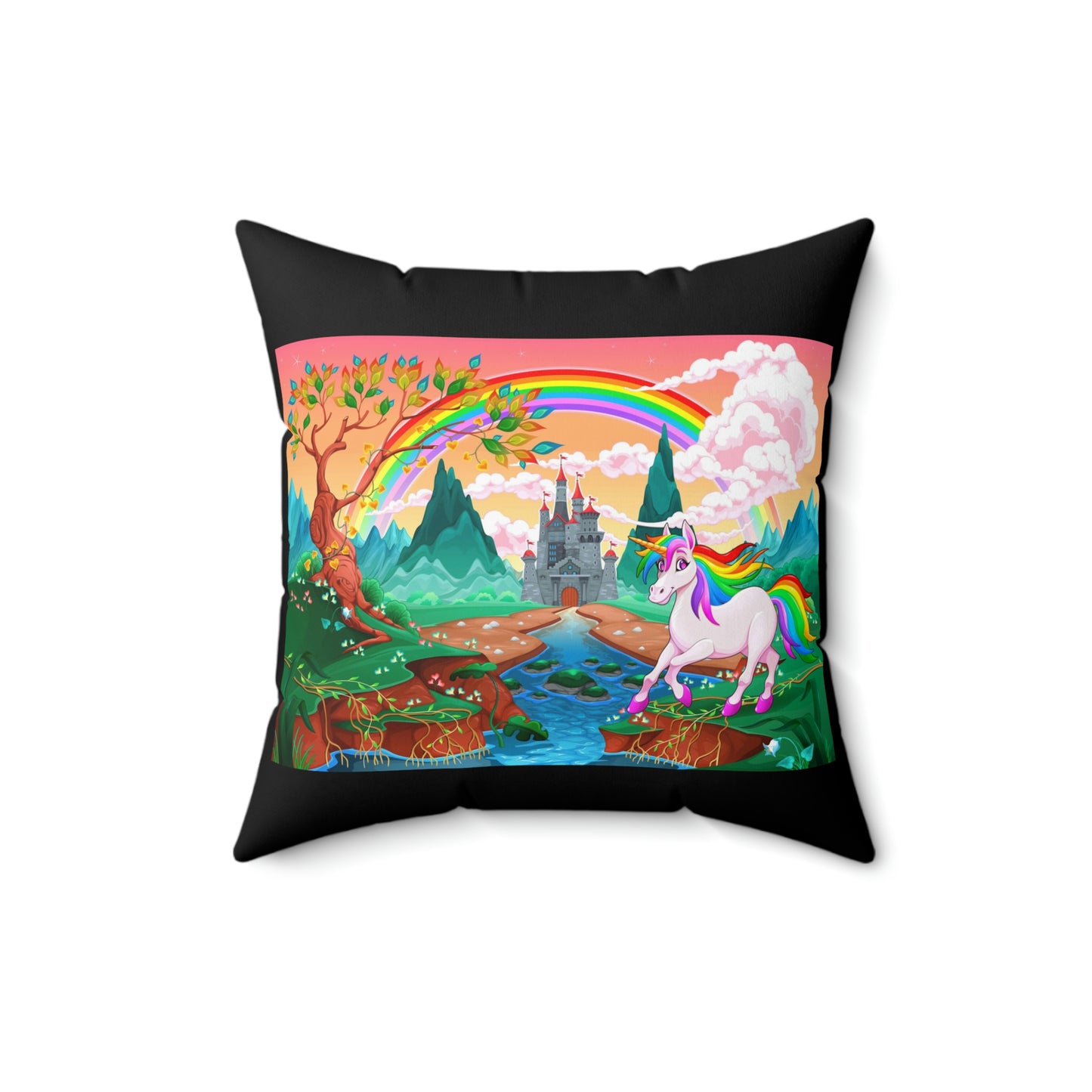 Coussin carré avec motif de château arc-en-ciel et licorne, idéal comme cadeau pour une chambre d'enfant